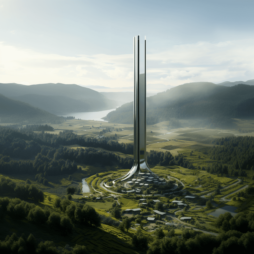 A tall, futuristic skyscraper with a sleek, vertical design, rising from a lush, green valley surrounded by mountains, designed by WGXYZ.