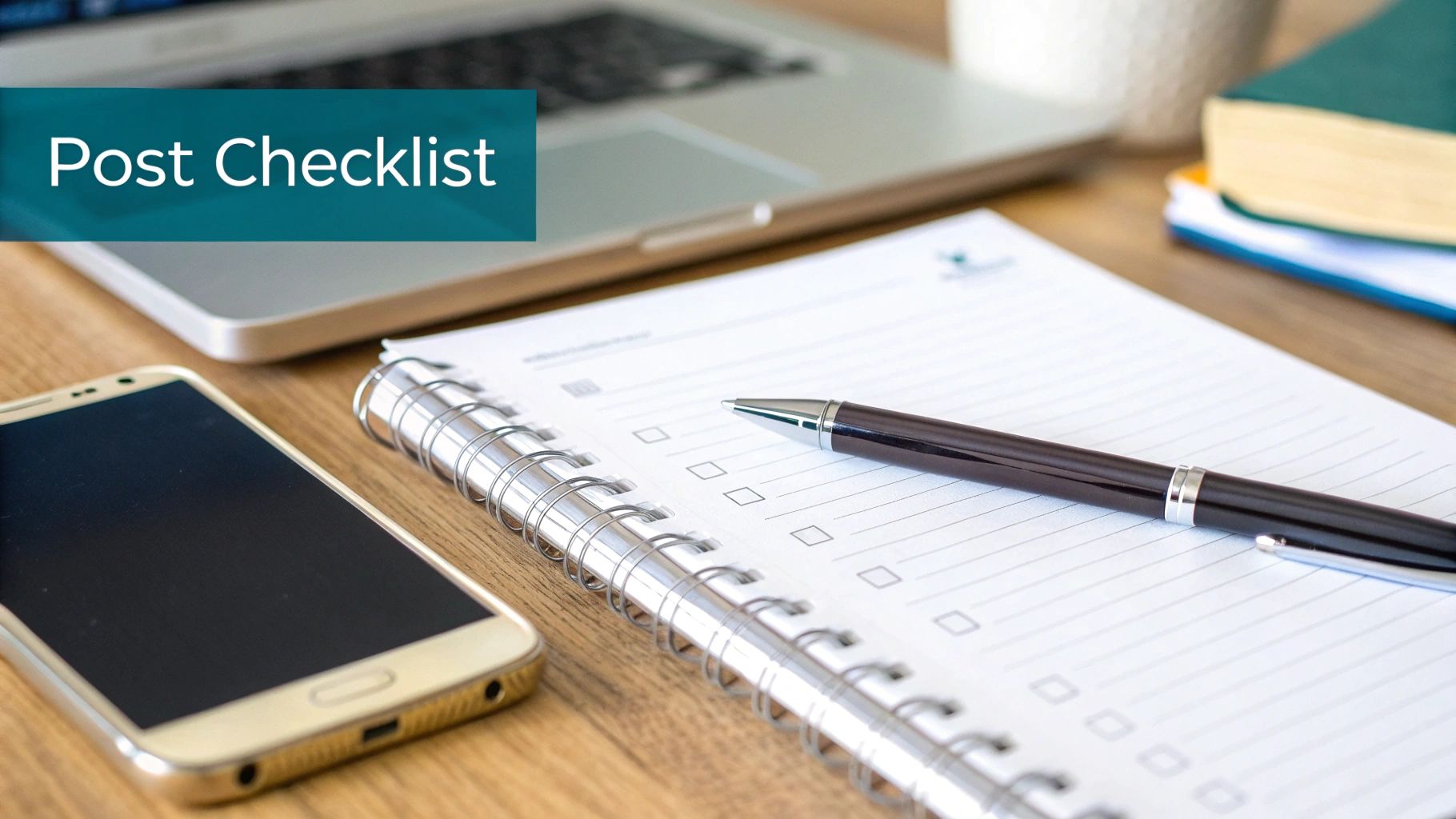 A desk with a laptop, smartphone, notebook with a checklist, and a pen, featuring 'Post Checklist' text.