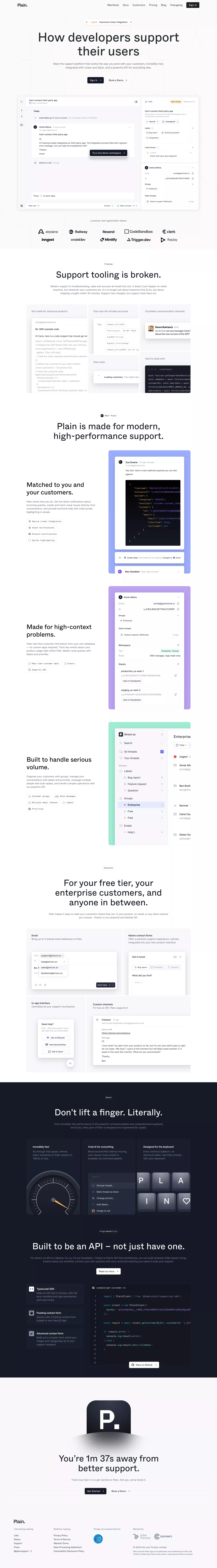 Plain - Support for developers landing page screenshot showcasing Tech design