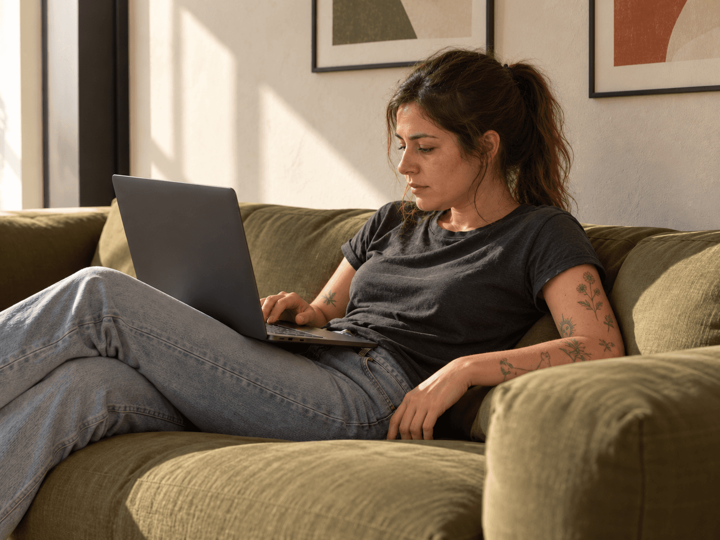 A woman reading on her laptop on a green sofa