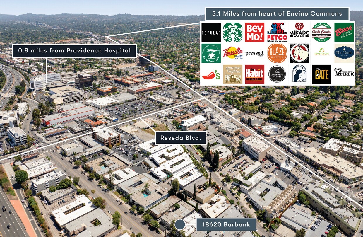 Location highlights near 18620 burbank blvd with Encino Commons and Providence Hospital.