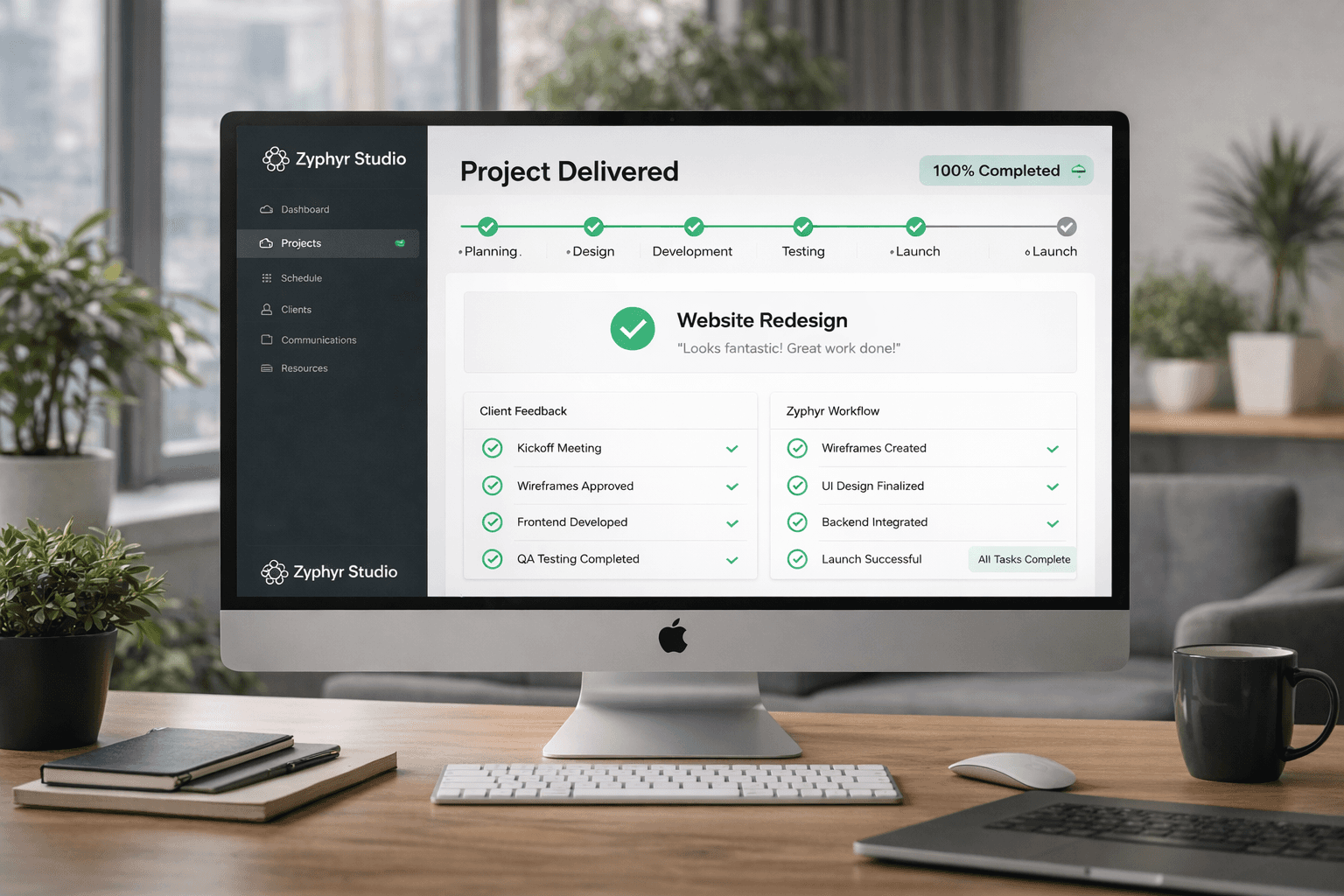 Four professional women smiling in modern office setting