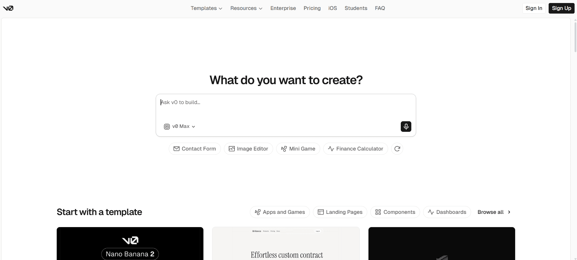 v0 by Vercel vibe coding tool website homepage