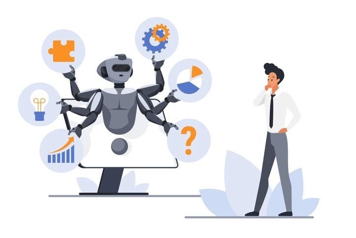 llustration of a humanoid robot with multiple arms holding icons for innovation, analytics, engineering, and strategy, symbolizing Fonzi’s AI-powered approach to hiring elite engineers with diverse, high-impact skills.