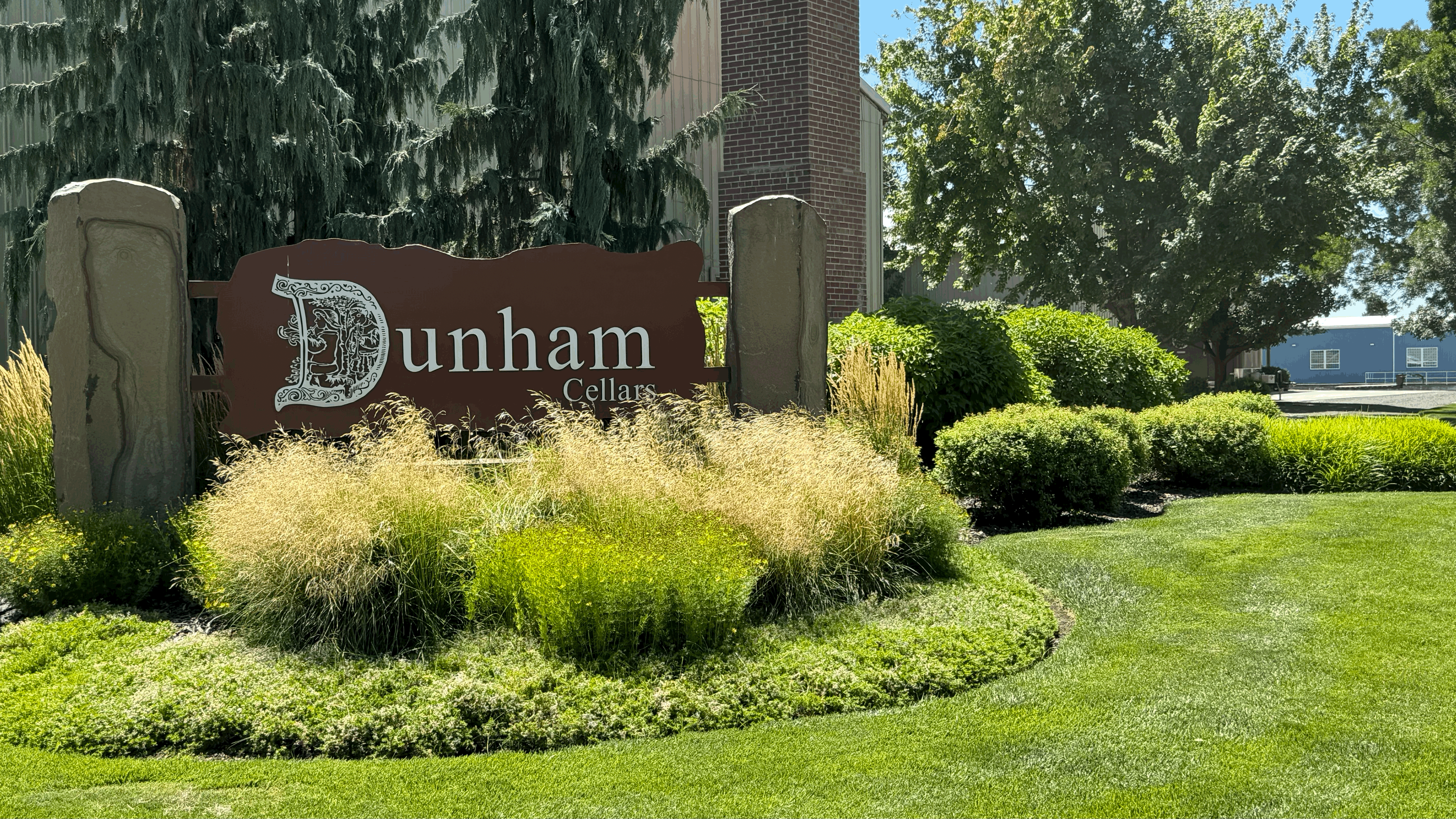 Dunham Cellars sign outside its converted World War II airplane hangar