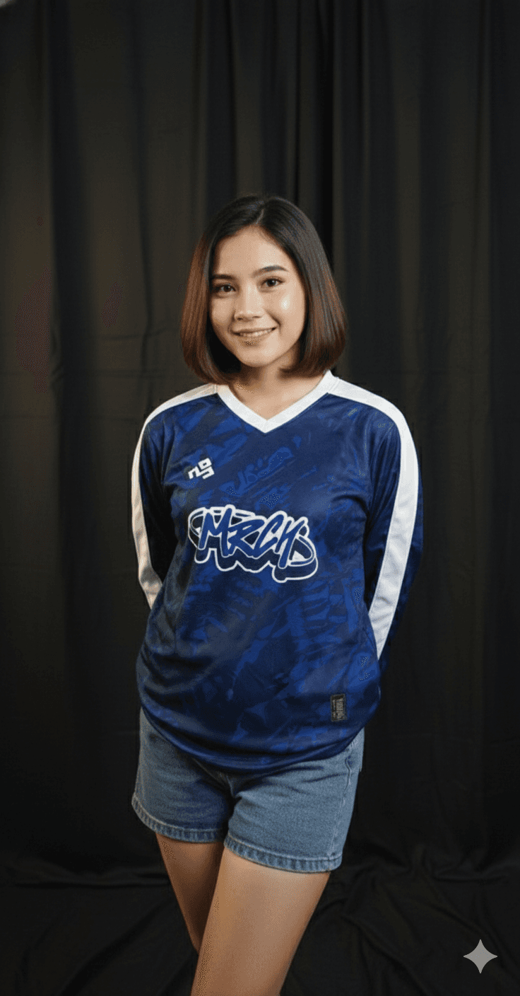 Model jersey kustom MRCH Apparel warna navy. Menggunakan bahan premium Dryfit Milano yang nyaman, cocok untuk jersey tim dengan desain grafis kustom.