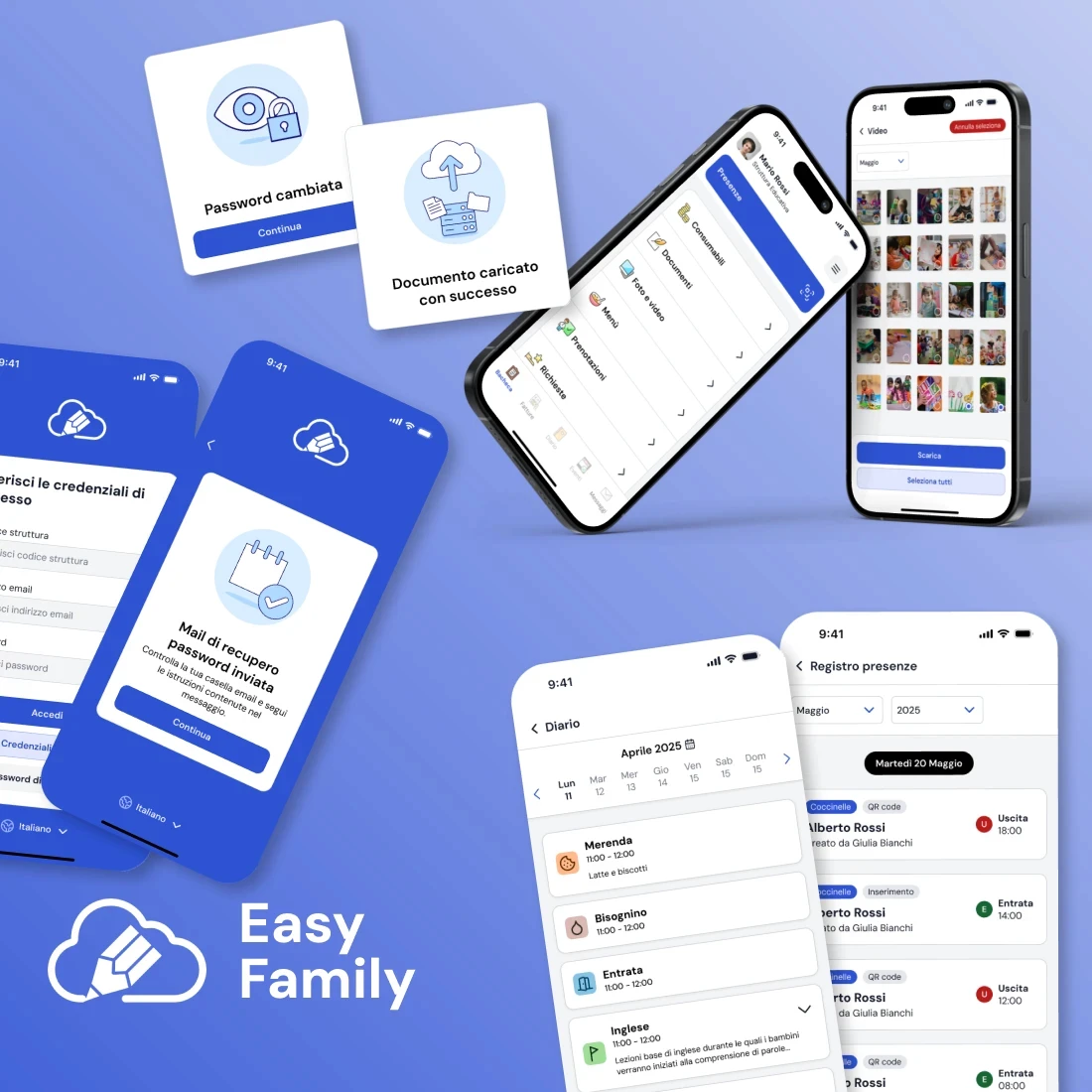 Mockup delle interfacce mobile dell'app Easy Family