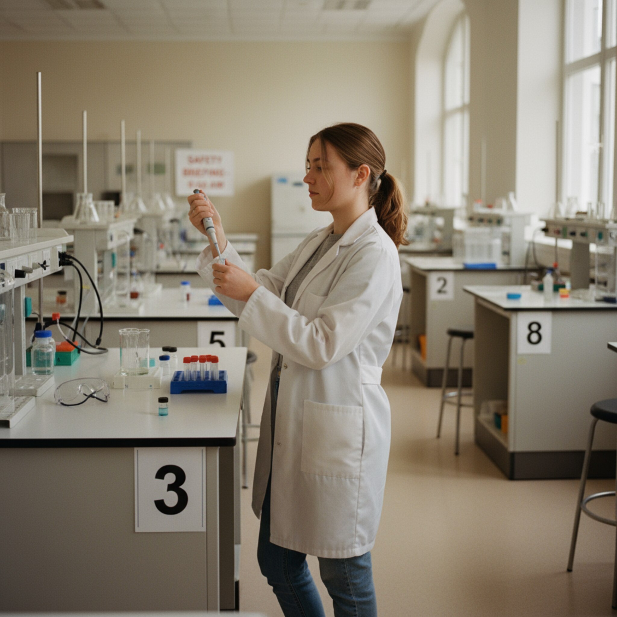 Mehrere nummerierte Skills-Lab-Stationen, jede mit klar abgegrenzter Arbeitsfläche und Schutzbrille auf dem Tisch. Eine Studentin richtet eine Pipette aus und atmet konzentriert ein. Ein Aufsteller erinnert an die Sicherheitsunterweisung. Es ist ein ruhiger Moment kurz vor Beginn des Praktikums.