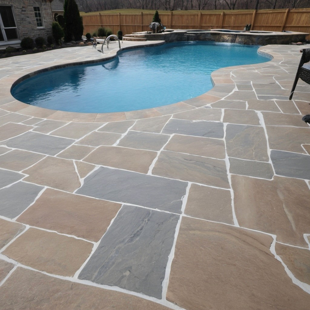 Luxury flagstone pool deck with sandblasted