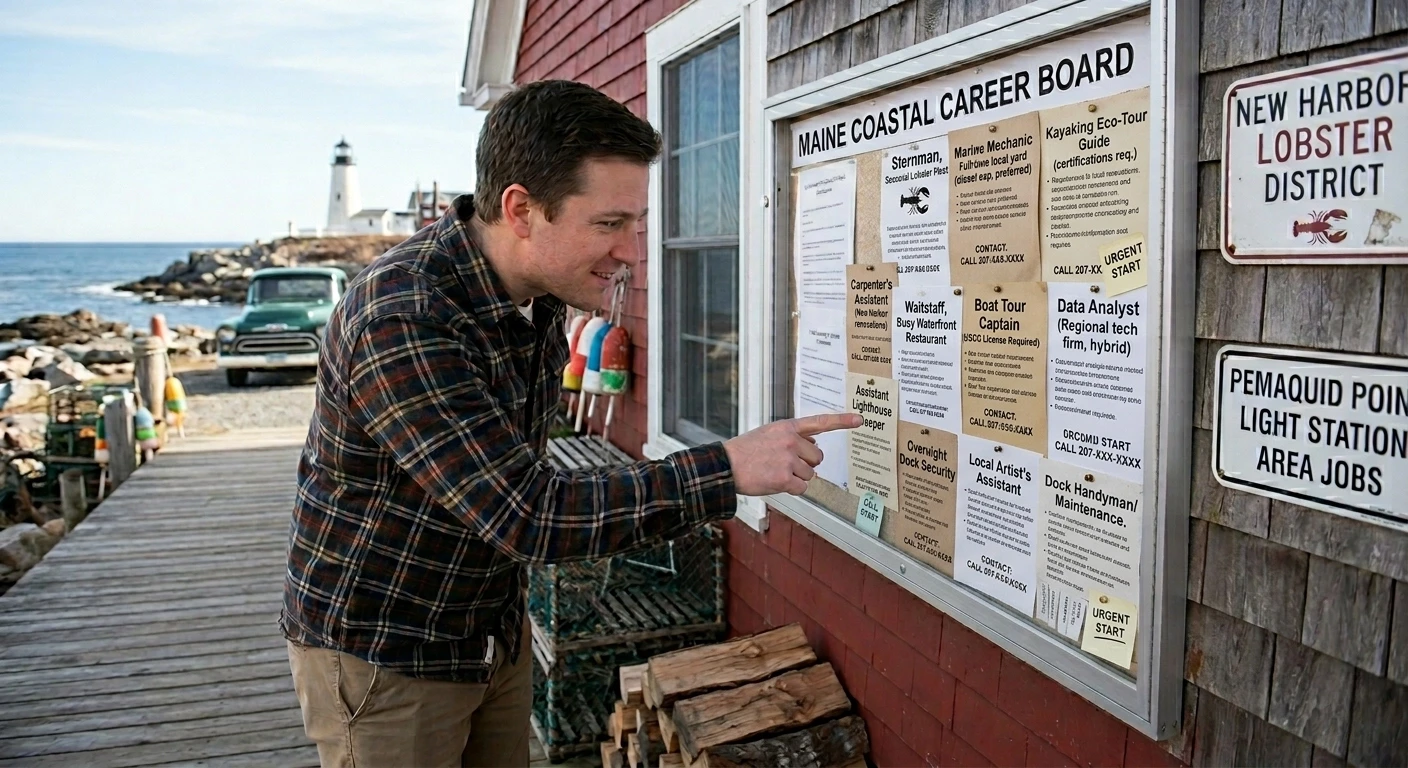 A man points to various job listings on a Maine Coastal Career Board located in a harbor setting with a lighthouse in the background. This illustrates the types of public job postings that will require compensation ranges under the new 2026 Maine Pay Transparency Law.