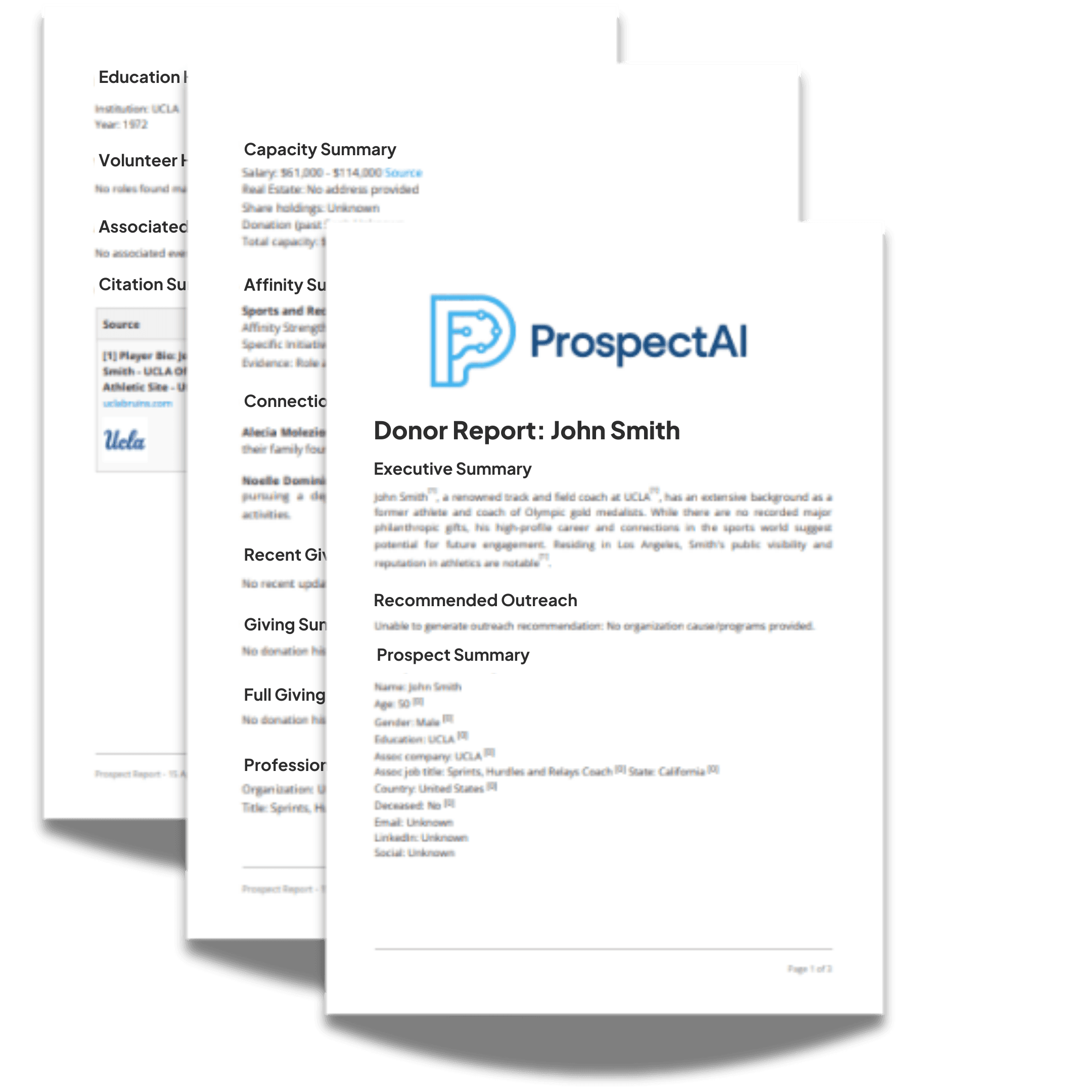 A young woman surrounded by multiple screenshots of the Dataro platform, indicating that she is 97% likely to convert to recurring giving, has an interest in disaster relief, prefers to be contacted by email, and should be asked for $35.