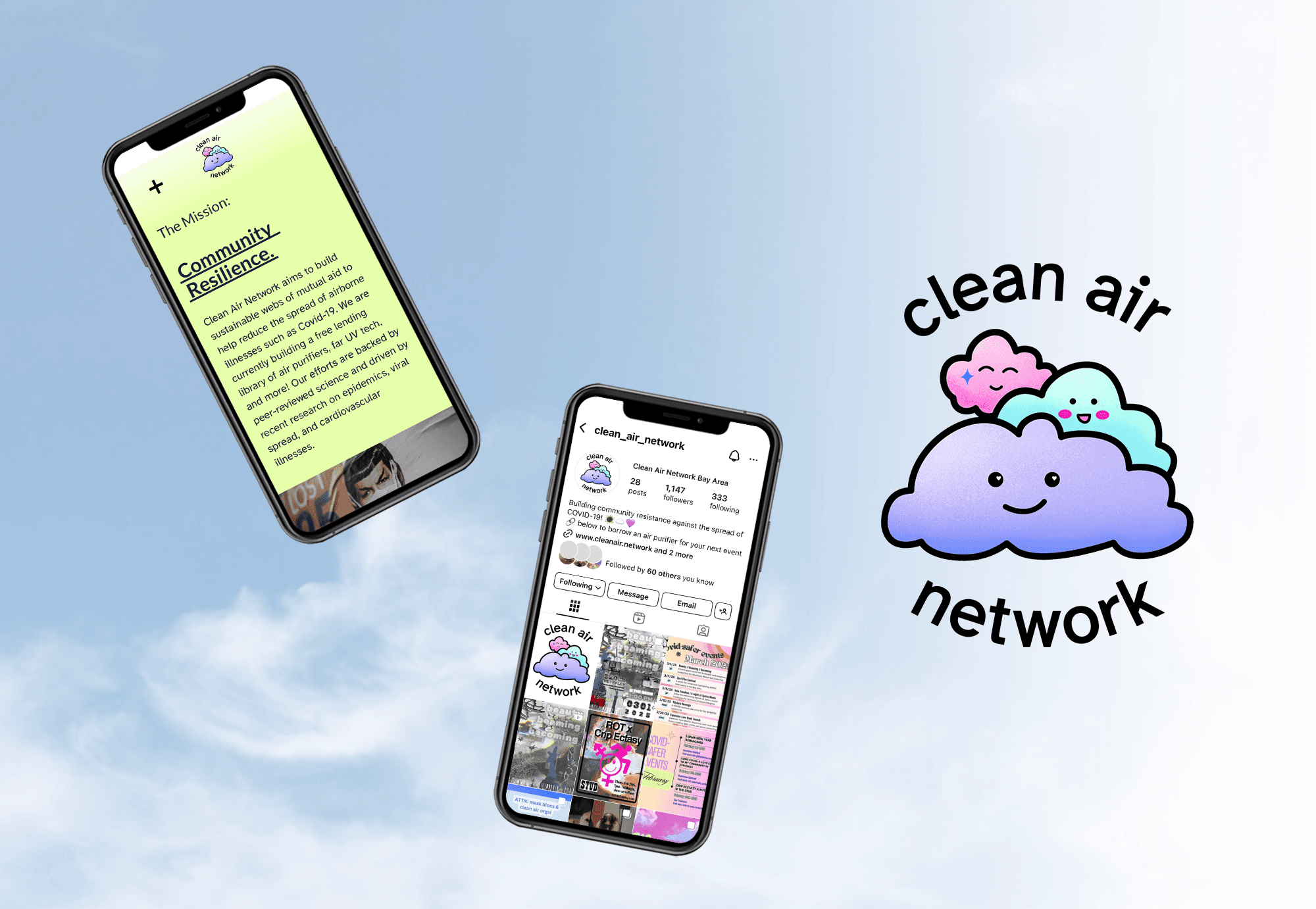 A logo for the Clean Air Network with three cute pastel smiling clouds and two mobile devices displaying the logo on the org’s website and Instagram profile.