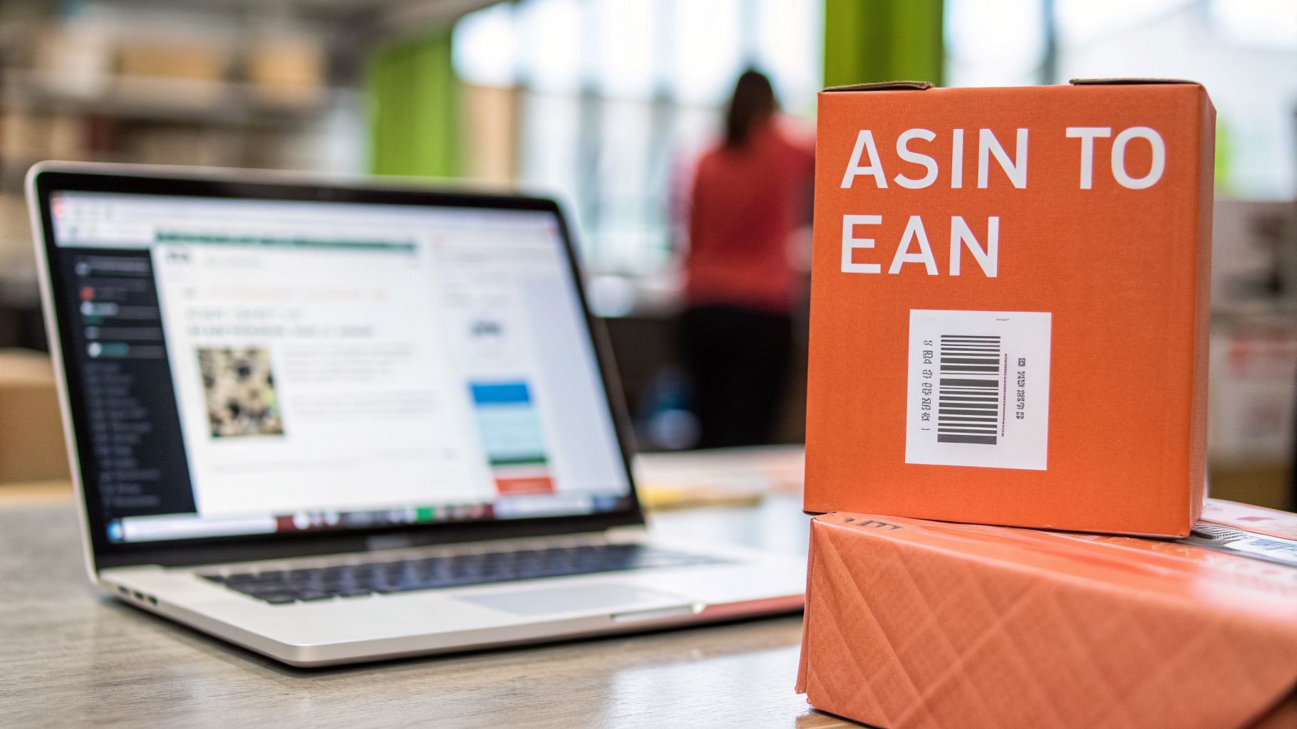 A laptop on a wooden desk displaying a webpage, next to orange boxes labeled 'ASIN TO EAN' with barcodes.