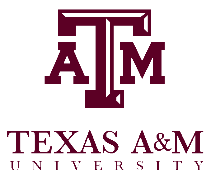 The image features the Texas A&M University logo, showcasing a large maroon "ATM" emblem positioned above the full name in a bold, capitalized maroon font on a white background.