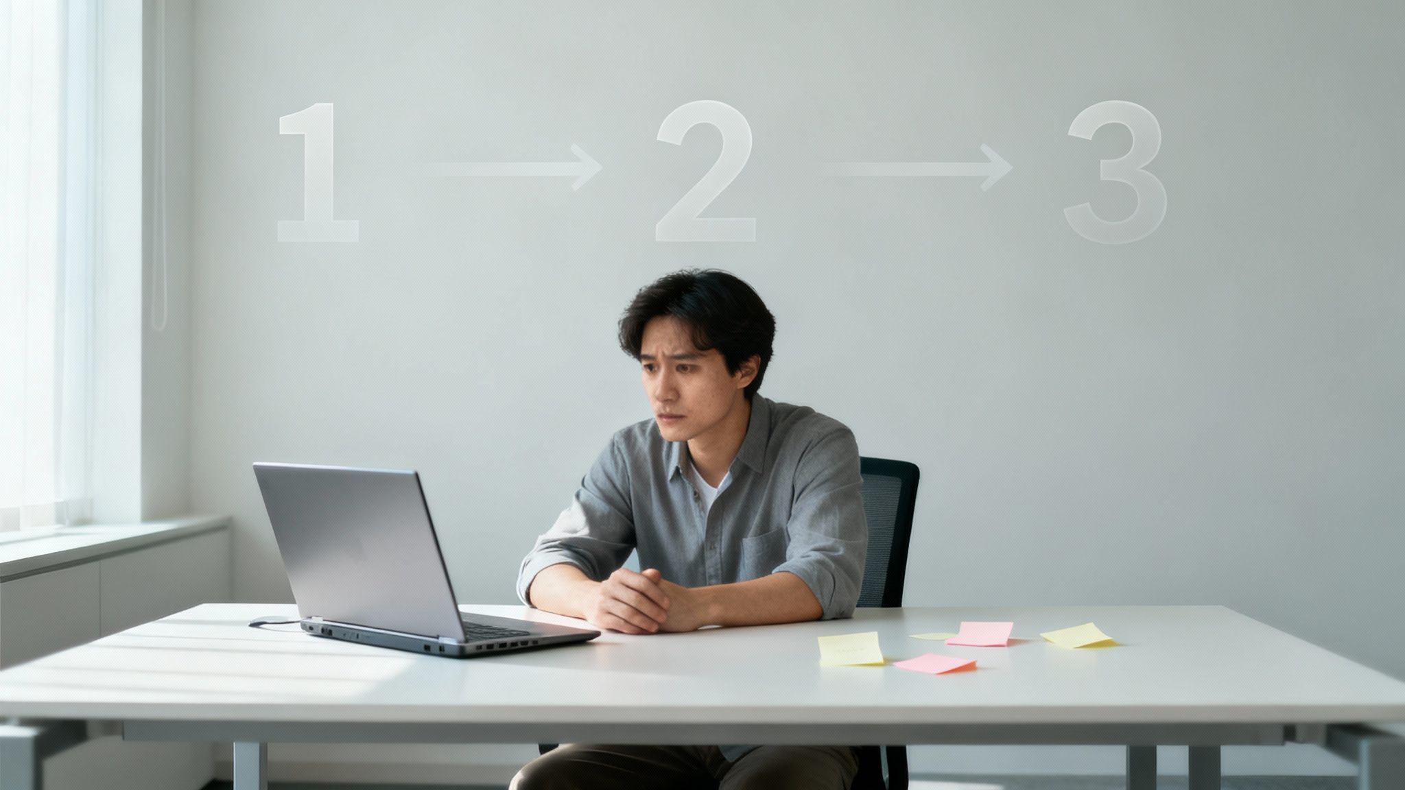 A person sitting at a desk, looking thoughtfully at a laptop screen.