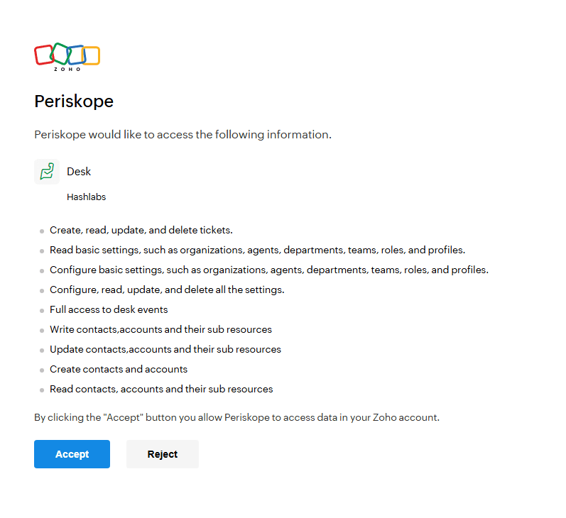 Zoho consent screen to approve the Periskope app