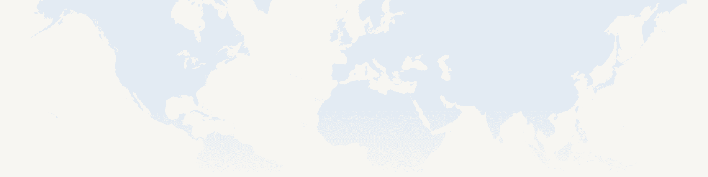 Faded world map highlighting continents in pale blue against a white background