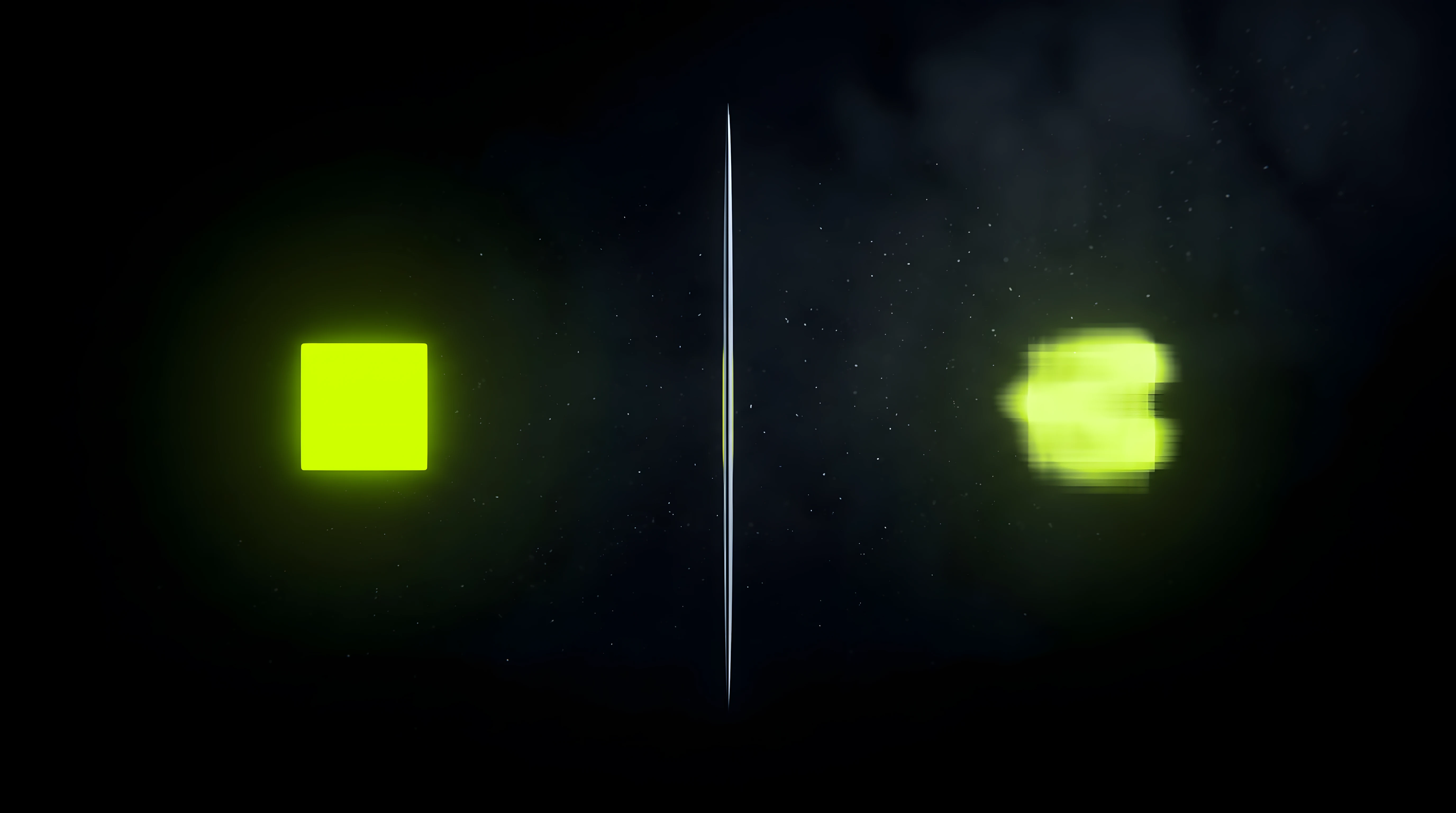 A small toxic lime form with razor-clean edges beside a blurred smeared copy of itself on deep void black, divided by a thin chrome rule, representing the quality cost of over-compressing a short brand asset.