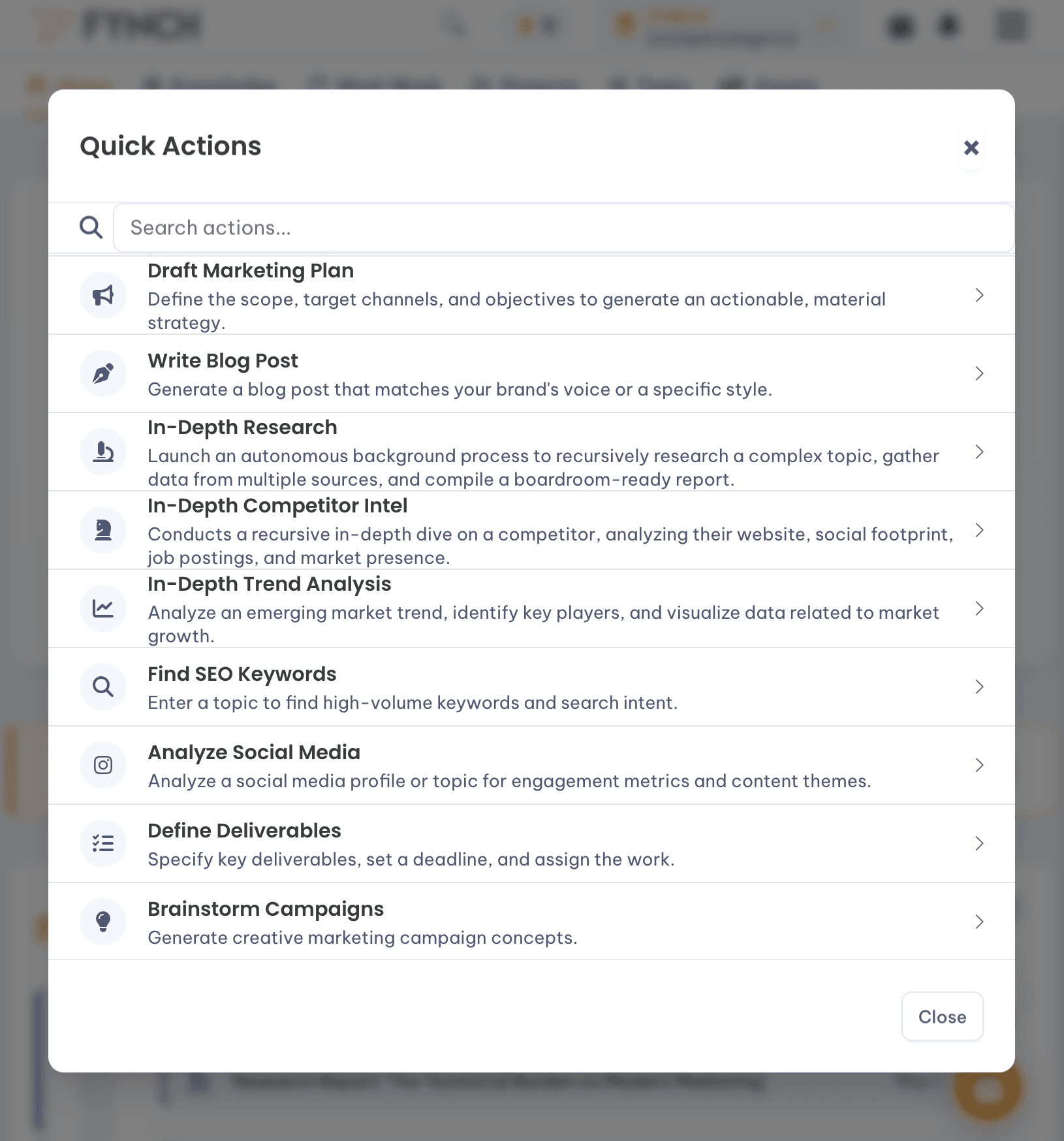 Screenshot of Quick Actions inside the FynchAI Workspace