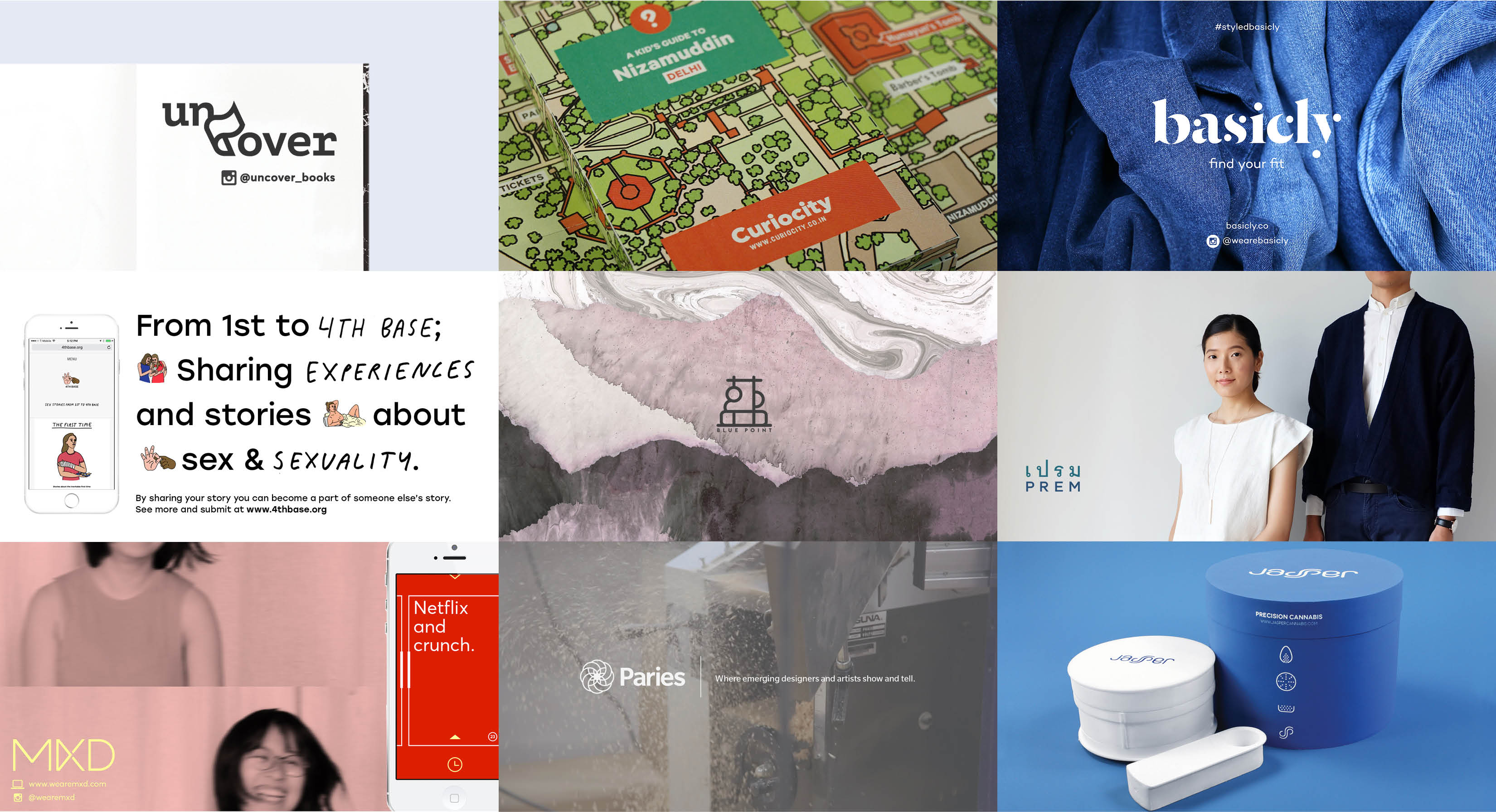 A set of nine posters showing people, design patterns, text logos or industrial design items.