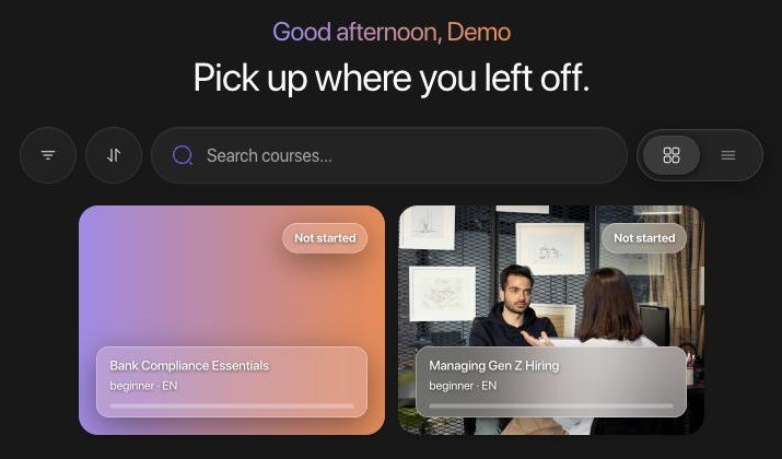 A learner's own space: every course they have been given, with its status, in grid or list view.