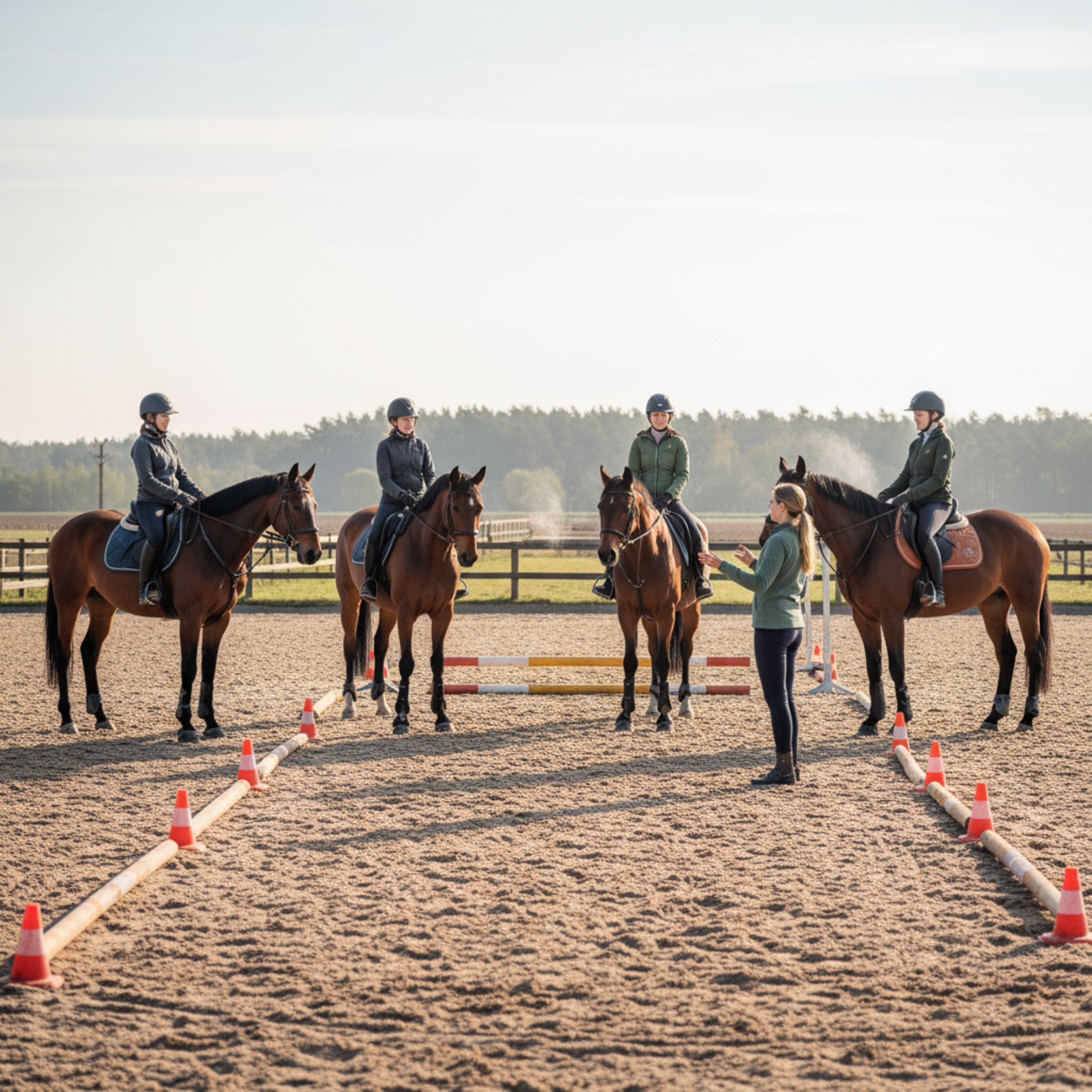 Vier Reiter stehen in der Mitte im Kreis, der Trainer erklärt ruhig mit klaren Handzeichen. Sorgfältig abgesteckte Pylonen markieren Linien, die Pferde atmen gleichmäßig. Zwischen zwei Sprüngen bleibt Platz, alles wirkt strukturiert. Ein kurzer Applaus nach einer gelungenen Übung löst sich in leises Lachen.