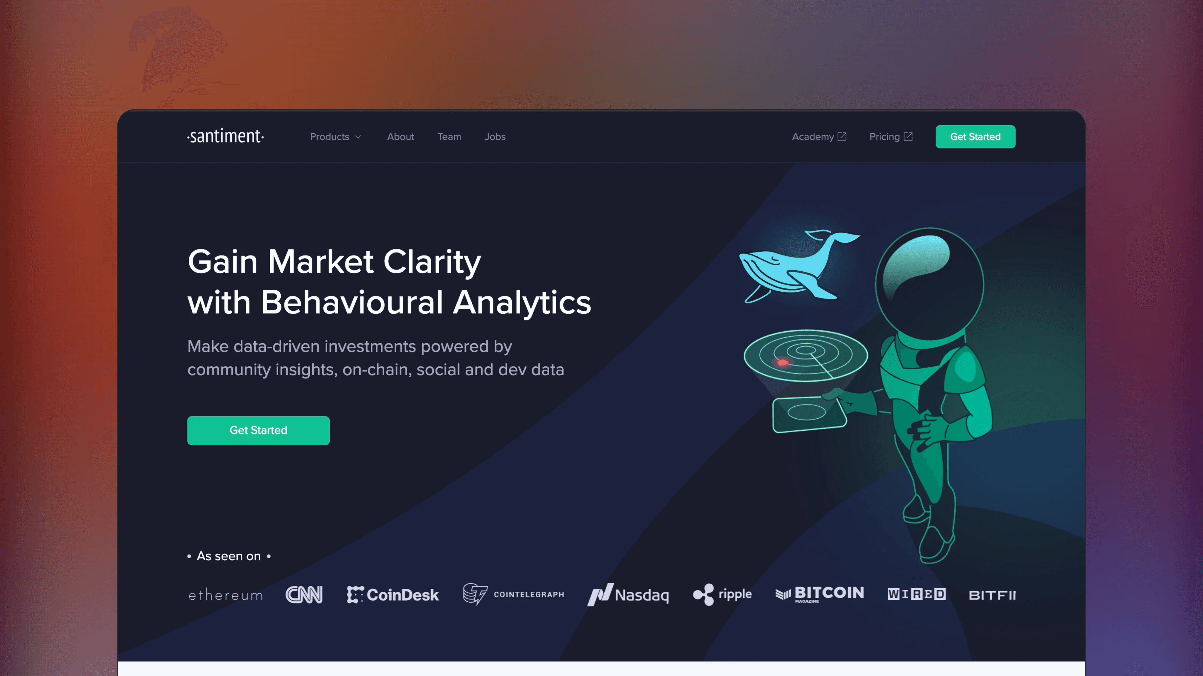 Website preview of Santiment, trade analytics crypto platform featuring charts that combine price with on-chain data and social sentiment.