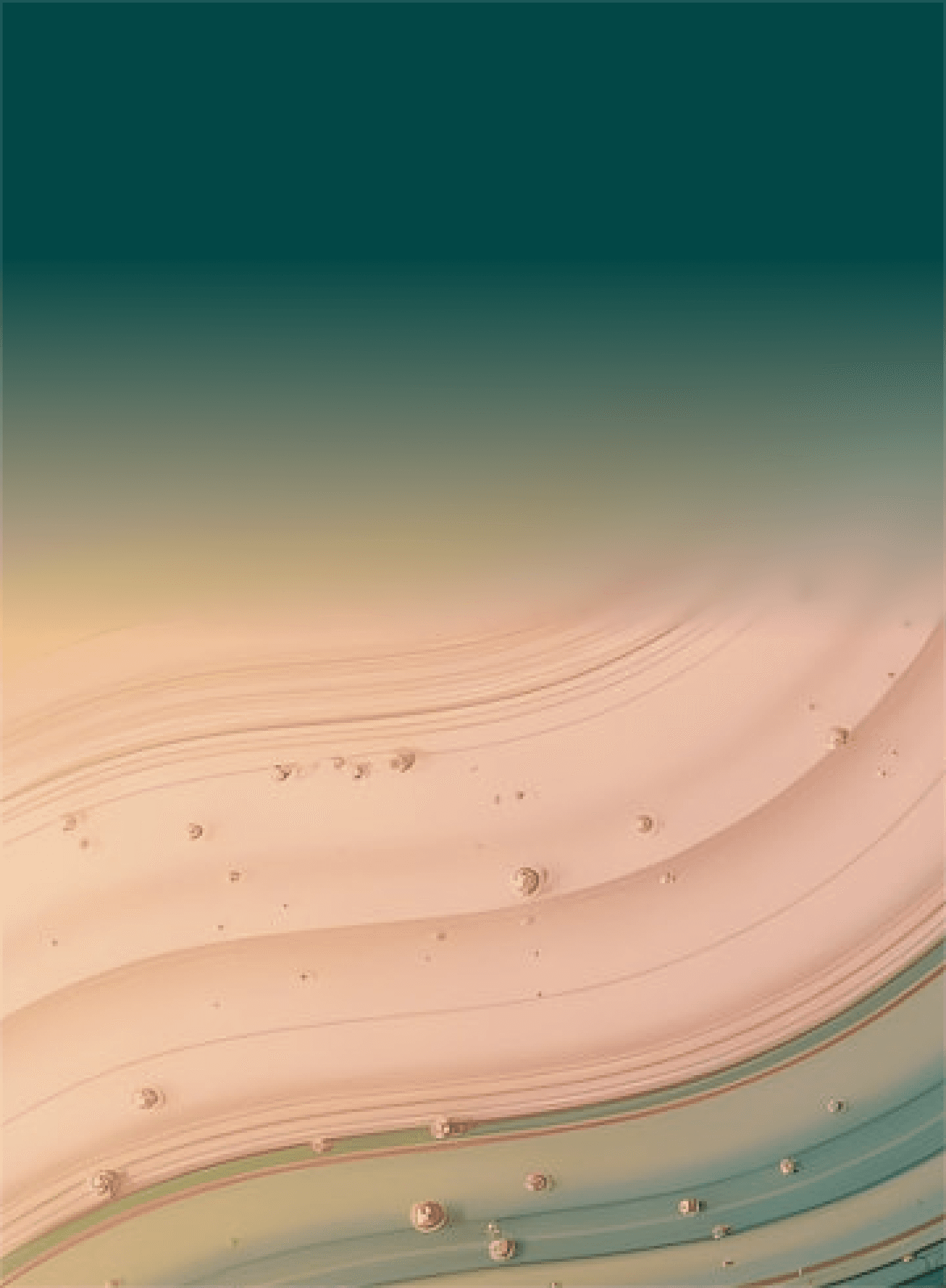 Abstract close-up of fluid layers with suspended bubbles, transitioning from dark green to soft yellow and peach tones