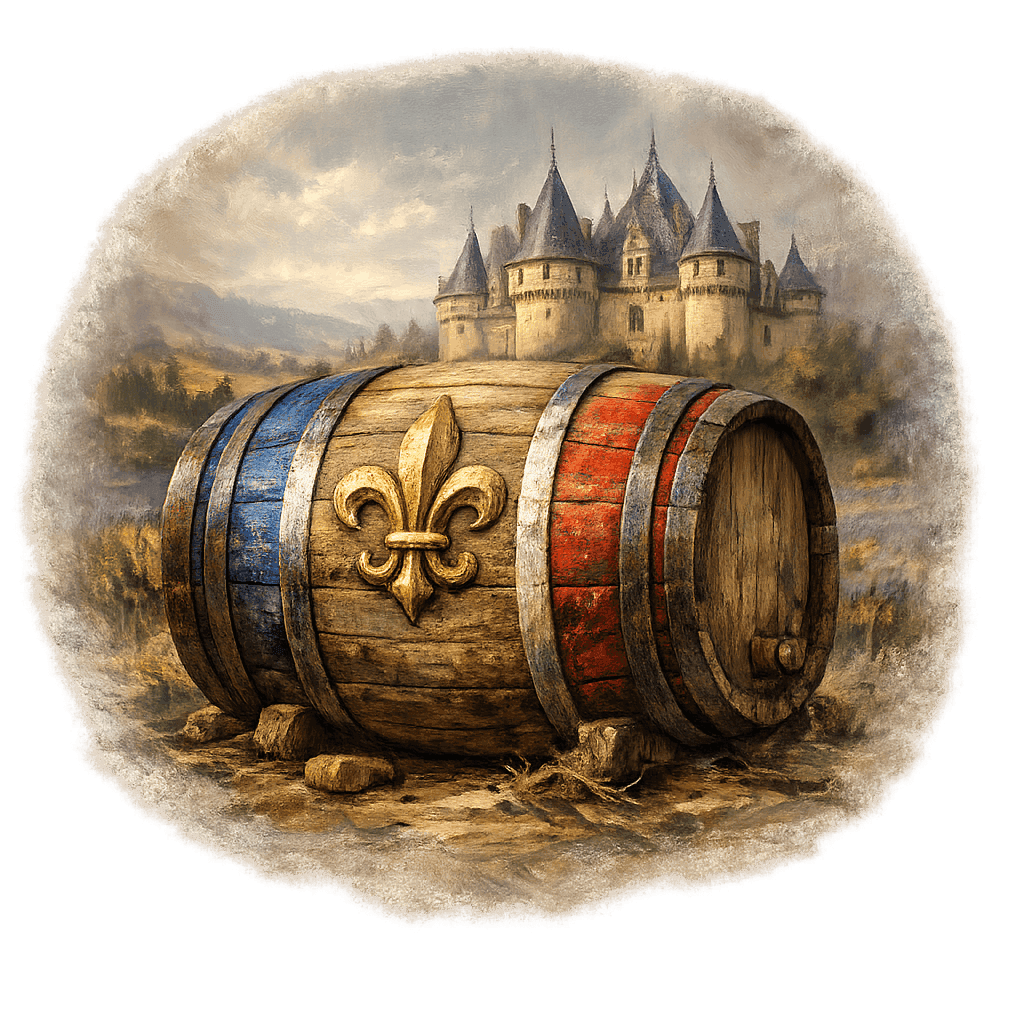 Wine barrel featuring the France national emblem for regional wine education.