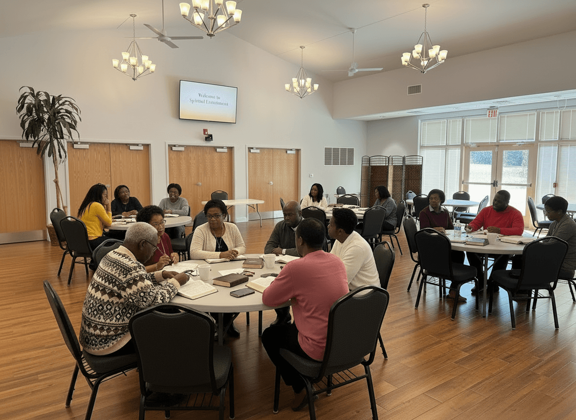 A diverse, multi-ethnic group of adults participating in a Spiritual Enrichment Bible study at Pleasant Grove Church in Cary, NC. The image shows men and women of various backgrounds seated around tables with open Bibles and notebooks in the fellowship hall, with a welcome slide displayed on the TV monitor.