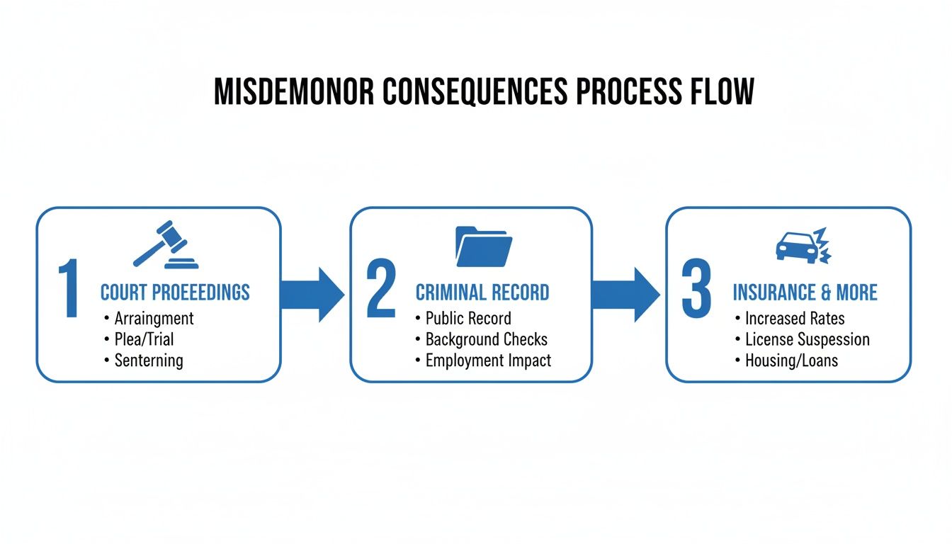 Flowchart illustrating the process and consequences of a misdemeanor, covering court, criminal record, and insurance impacts.