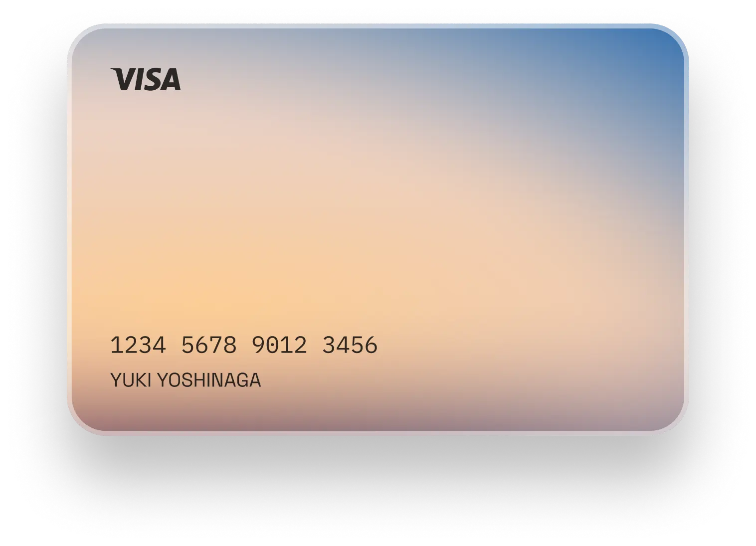 Visa credit card with gradient background displaying sample card number and cardholder name.