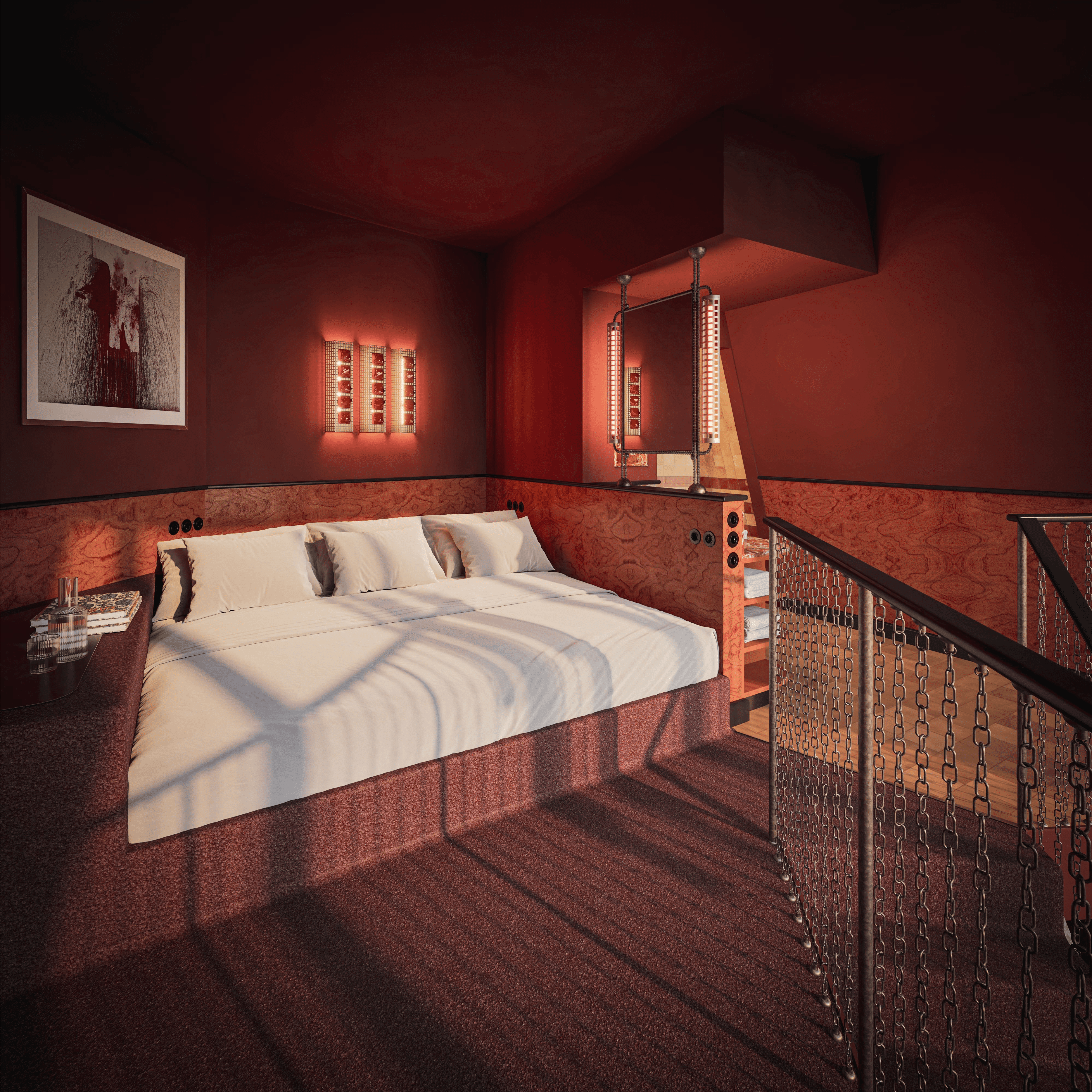 Rendering of the three person bed at the velvet suite at the companion vienna