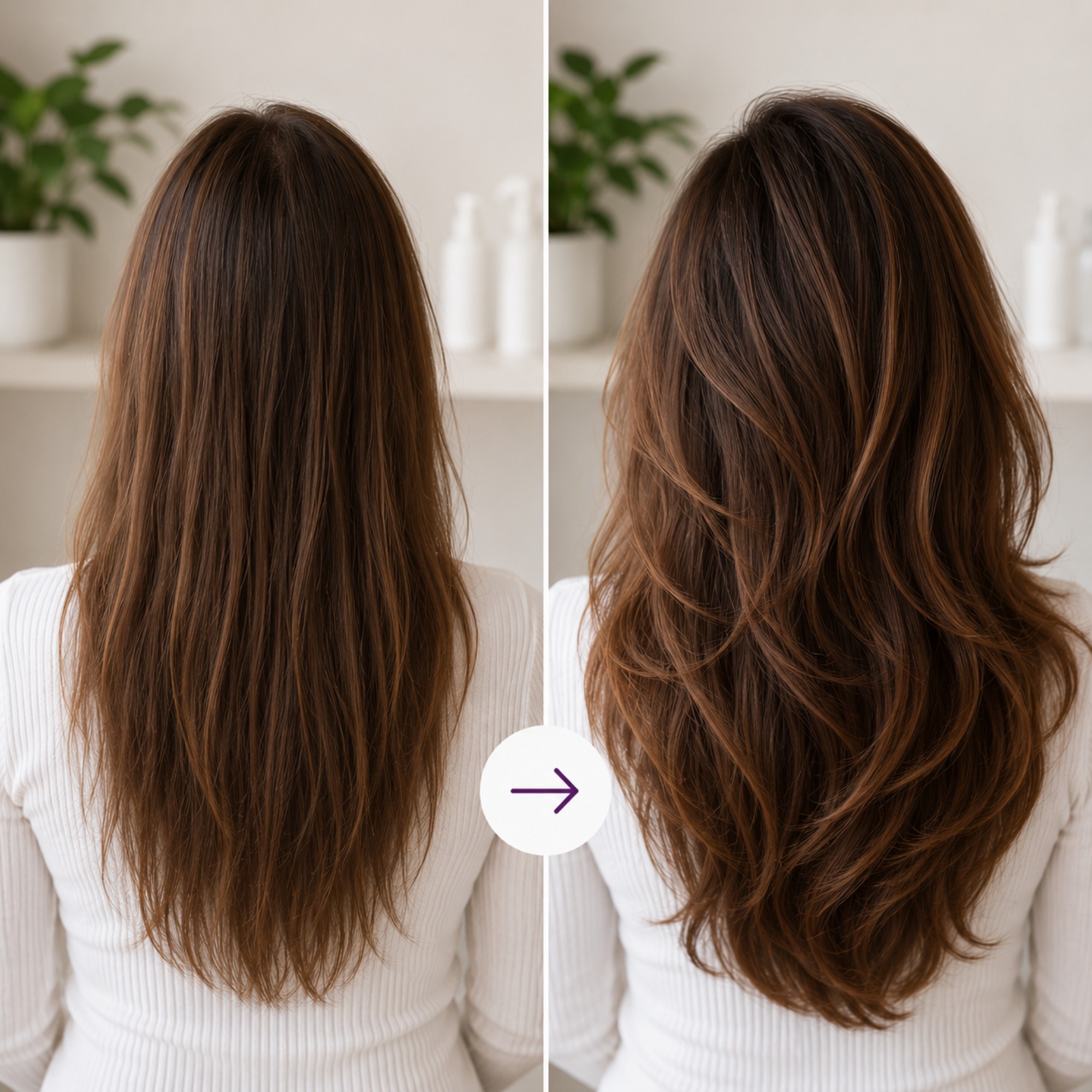 Nederlandse vrouw van achteren met lang haar waarbij het haar zichtbaar meer volume en volheid heeft, waardoor het voller oogt.