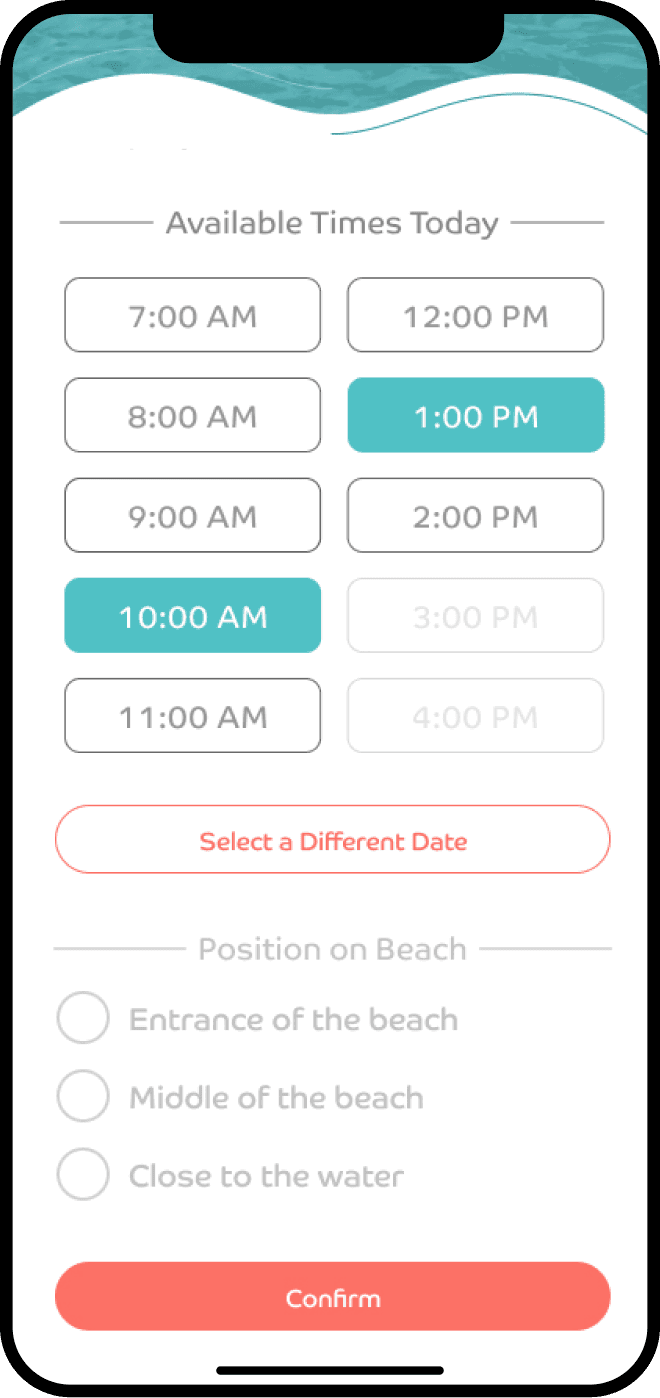 Mobile app screen design showing available times and position on the beach with a confirm button.