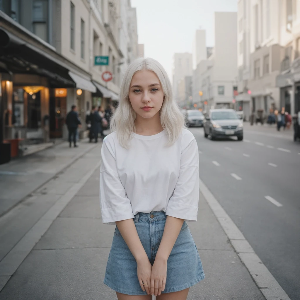 a girl with blonde hair standing on a street side in a white shirt and denim skirt with her hands on her hips. AI Fashion Model. Modiqlo