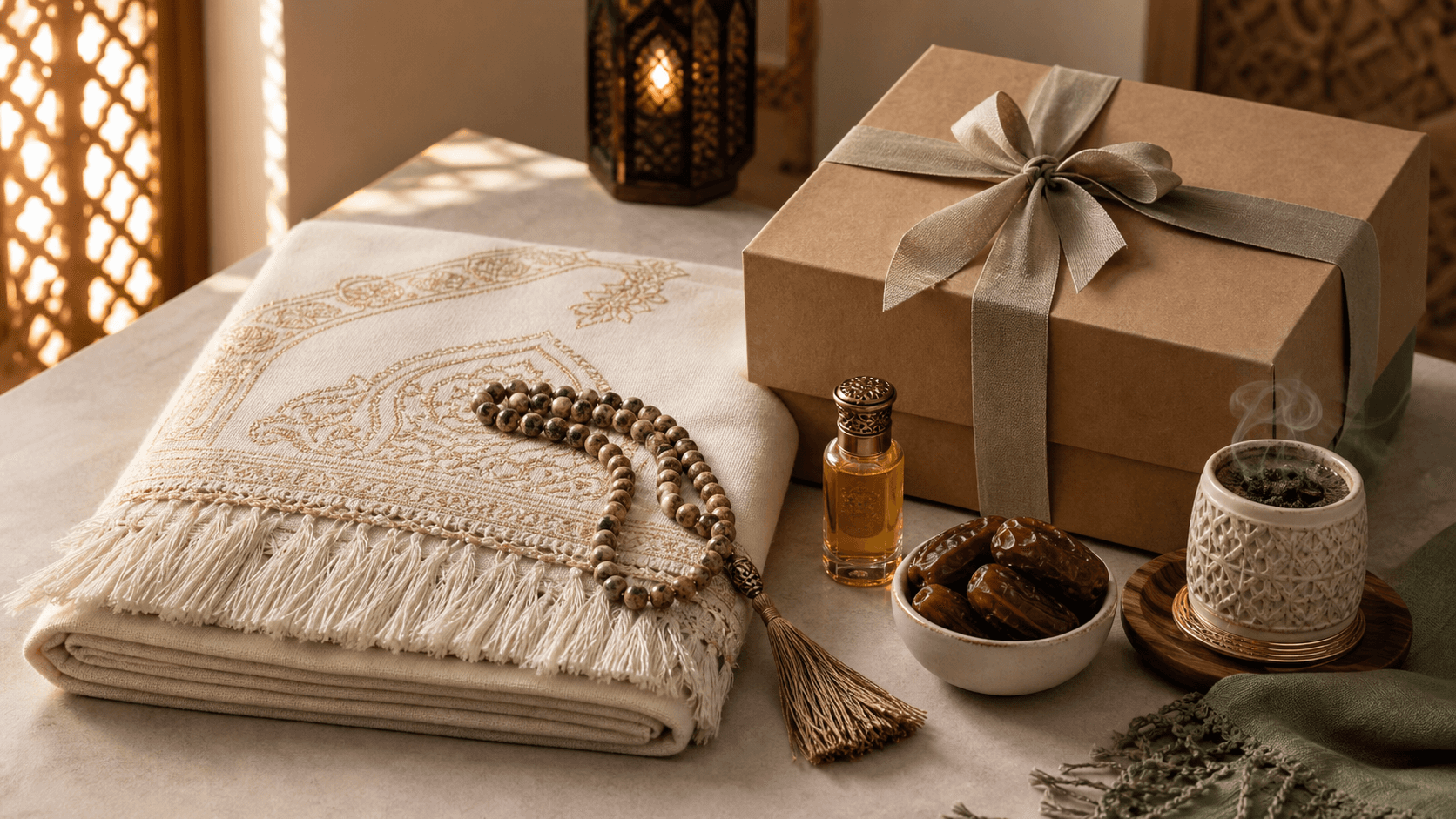 A Ramadan gift set still life with a prayer mat, prayer beads, attar, dates and a wrapped box