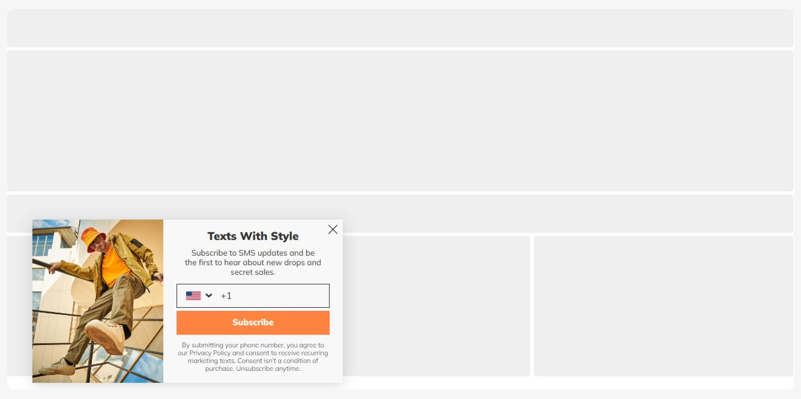 Claspo popup template to collect phone numbers in return for SMS updates on new drops
