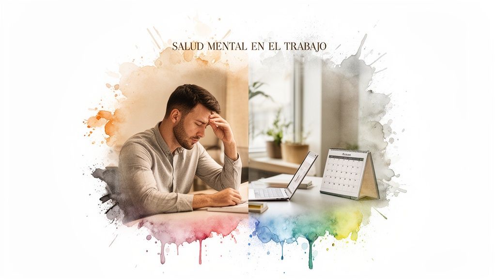 Hombre estresado trabajando en una oficina con un portátil y calendario, destacando la salud mental laboral.