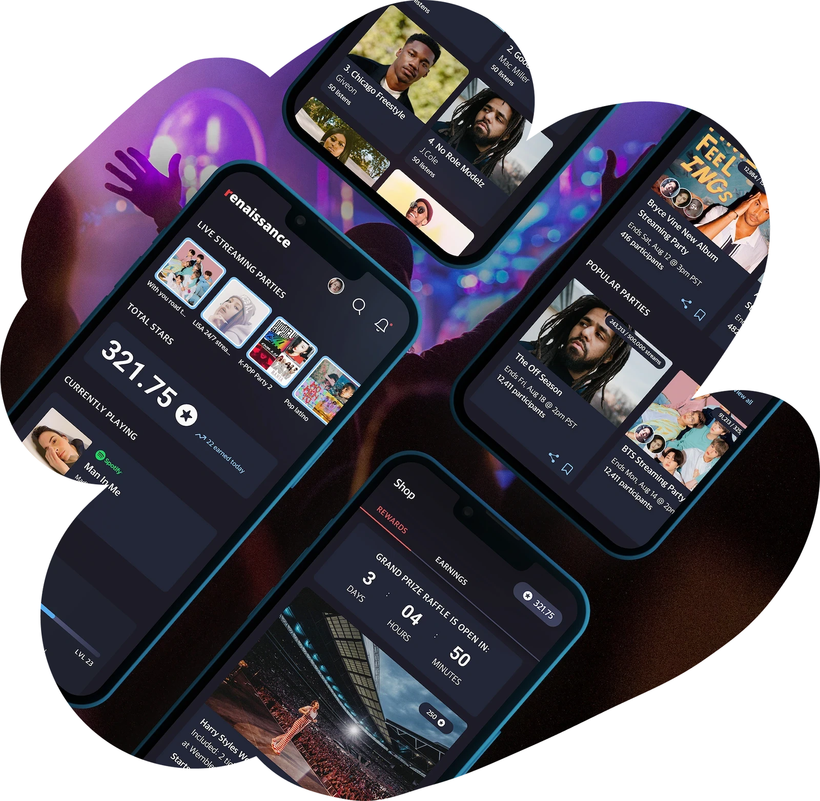Renaissance app featuring key screens of the app like streaming and home page