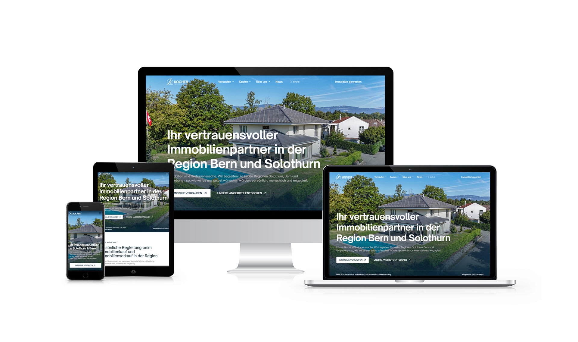 Digitaler Markenauftritt der Kocher Immobilien AG auf mehreren Endgeräten dargestellt.