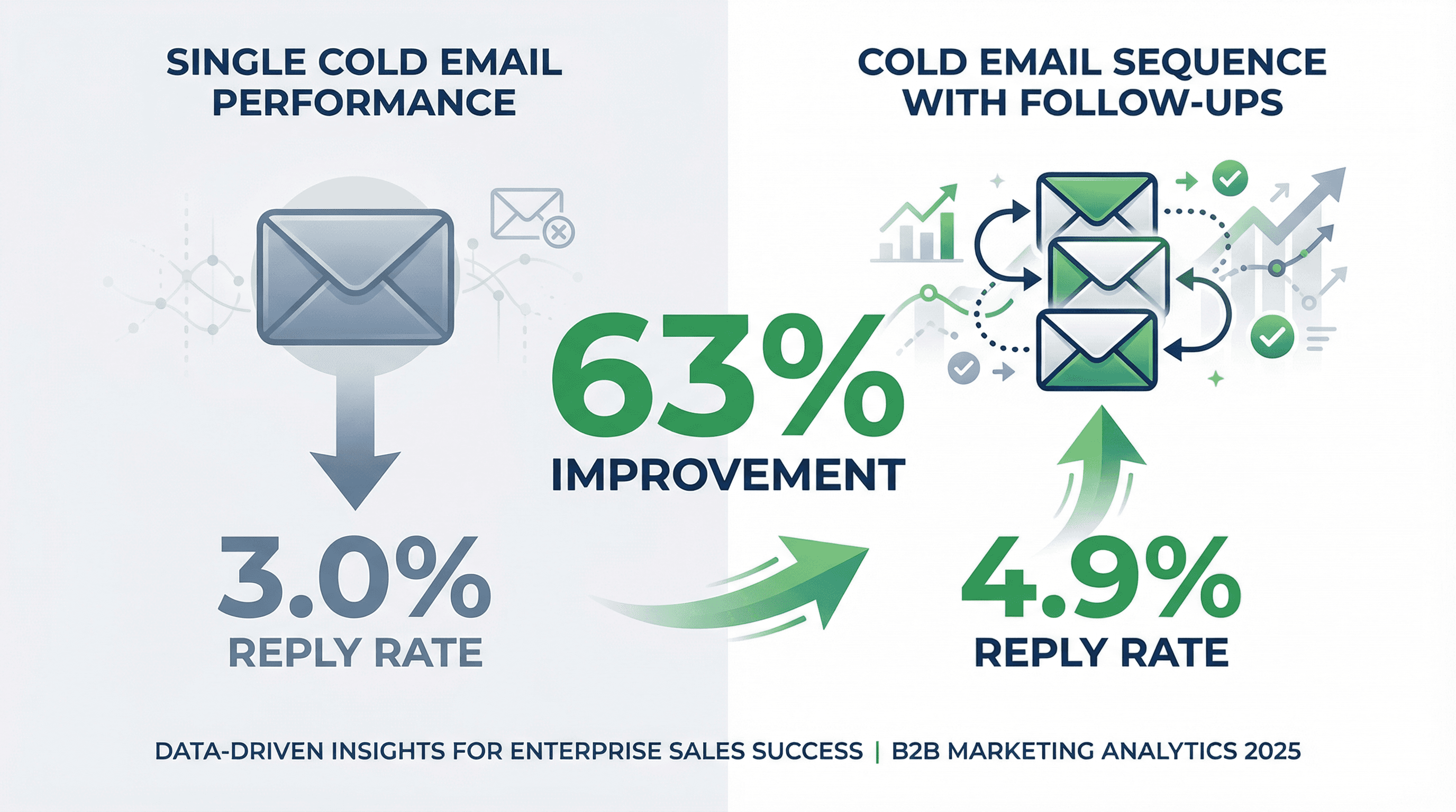Data comparison showing cold email sequences with follow-ups achieve 63% higher reply rates than single emails