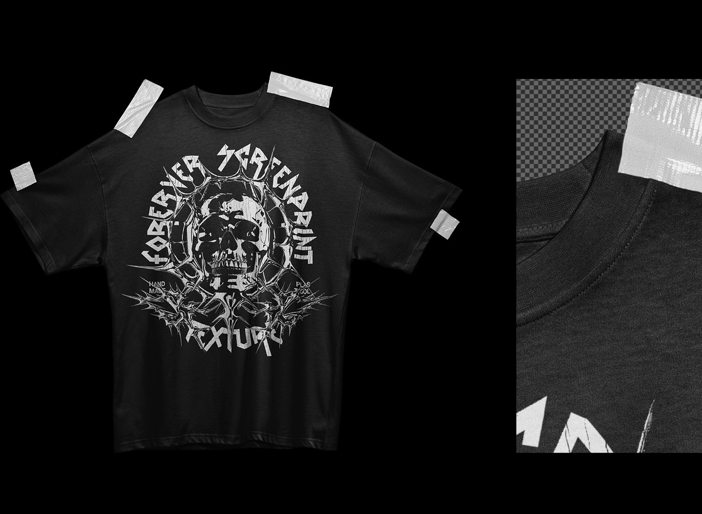 Rue Porter T-Shirt taped mockup fabric detail close up high resolution