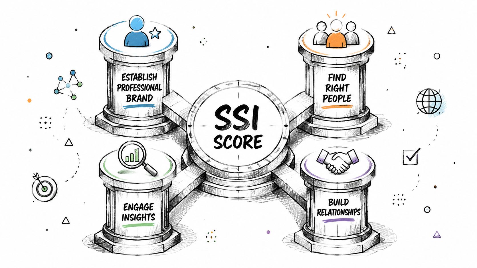 A diagram with four pillars labeled as the components of a professional social selling index score.