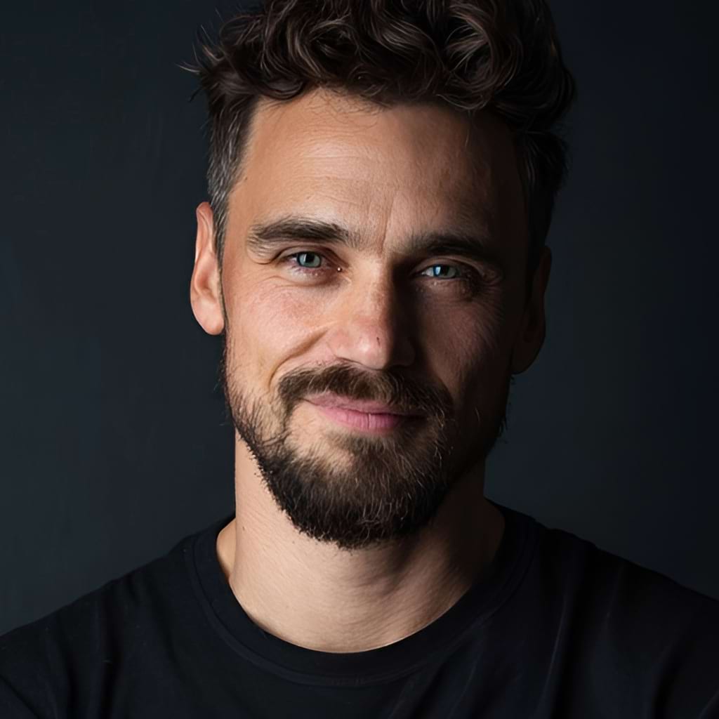 Smiling man with curly hair and beard against a dark background, wearing a black shirt. His expression conveys warmth and friendliness.