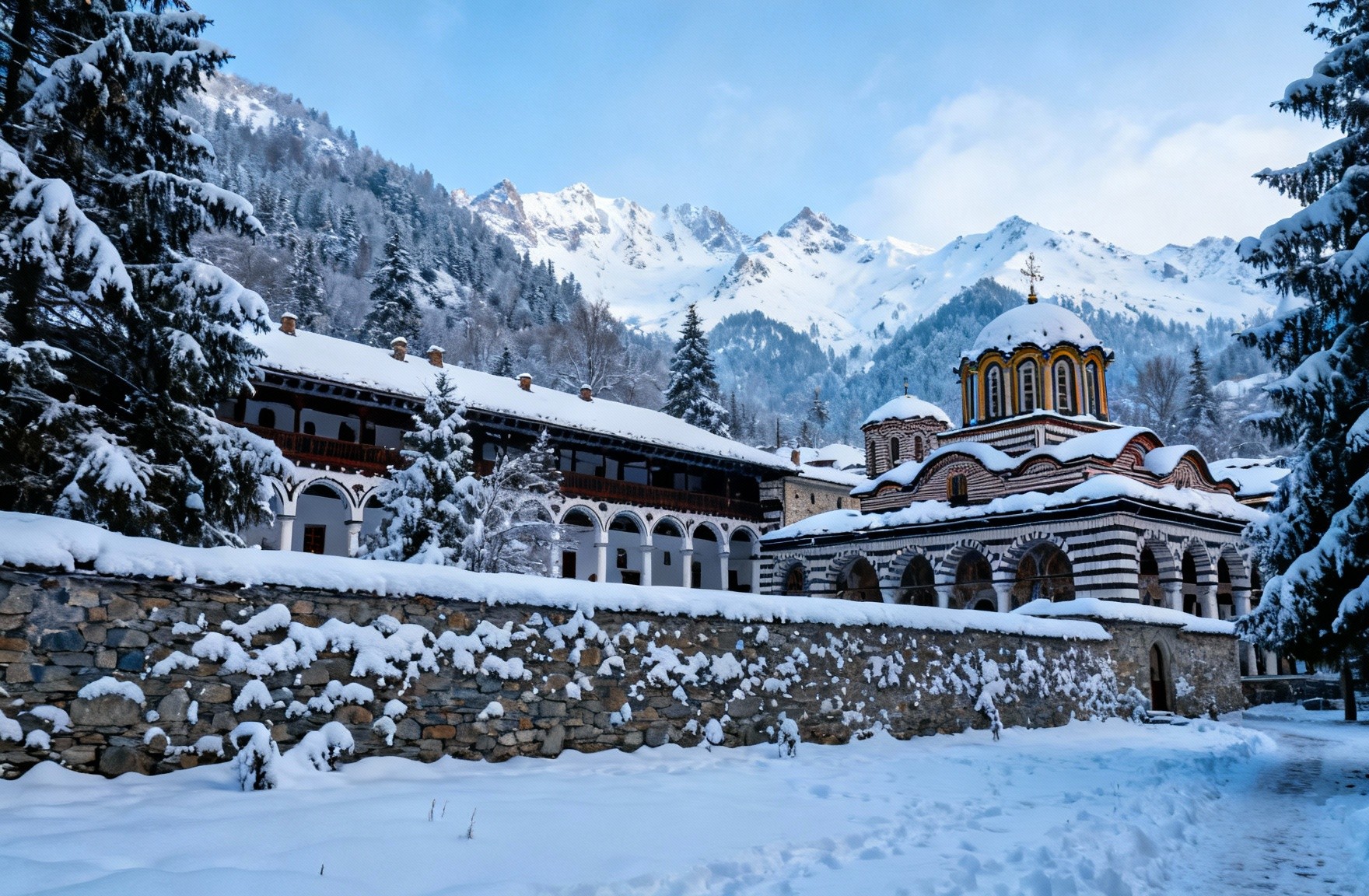 Rila Monastery in snow