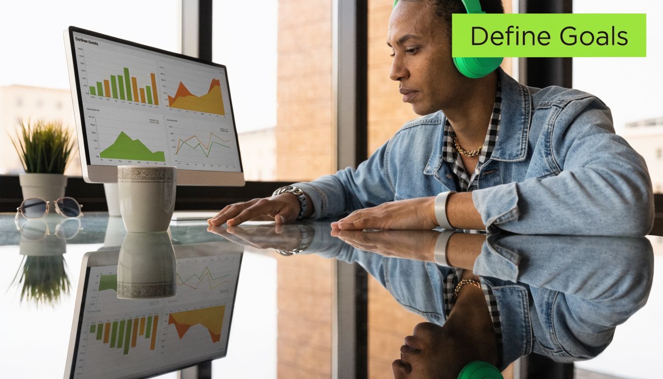 A young professional wearing headphones sits at a desk analyzing business charts on a computer monitor.