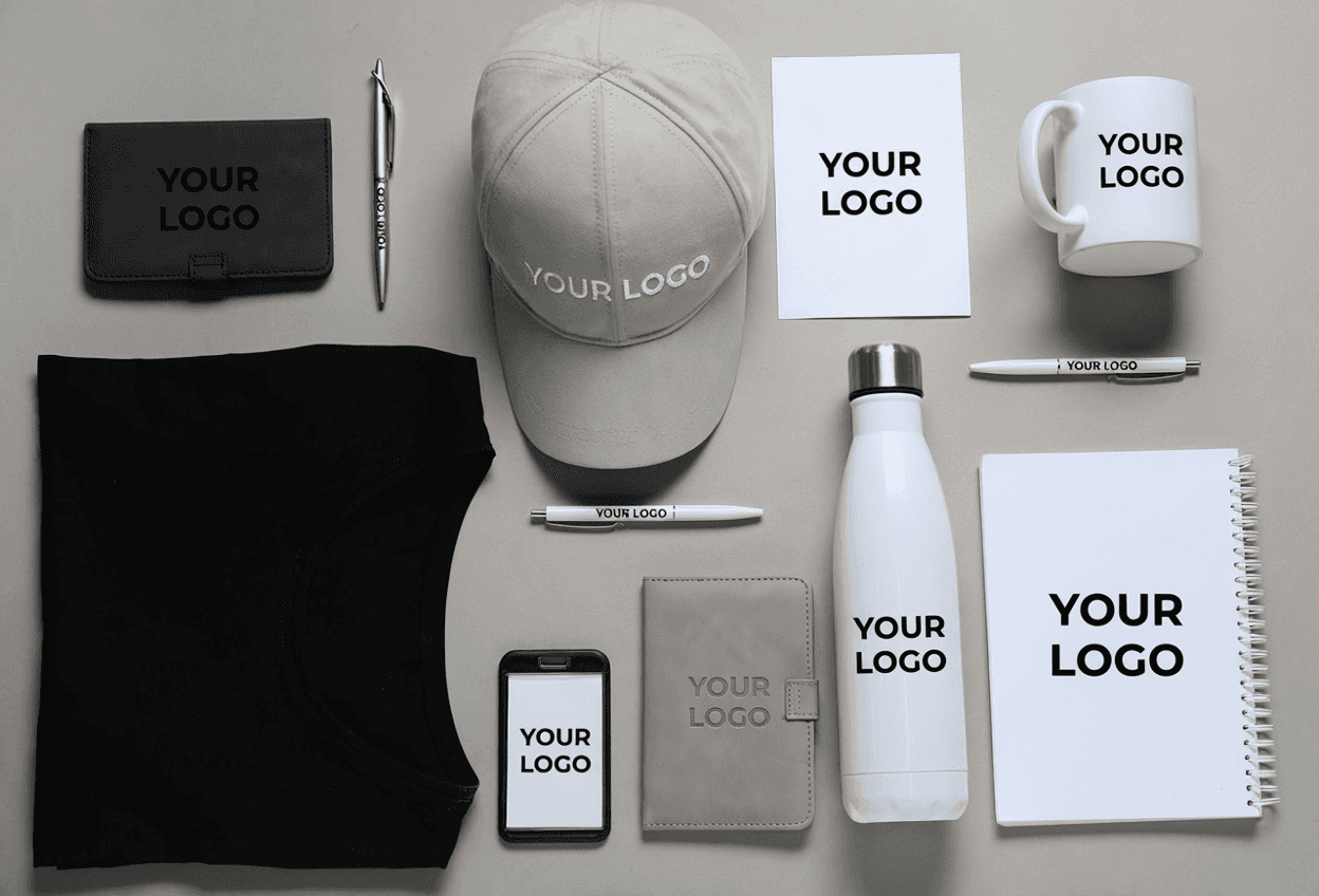 Premium branded print materials including business cards, notebook, water bottle, and marketing essentials designed for a modern professional brand