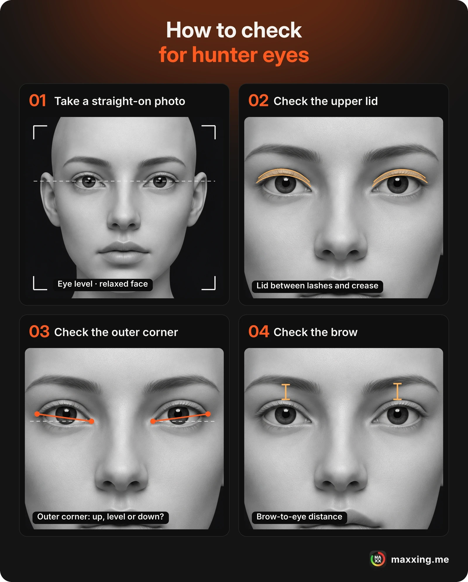 How to check for hunter eyes in a photo: take a straight-on photo at eye level, check how much upper eyelid shows, draw a line from the inner to the outer corner, and check how close the brow sits to the eye