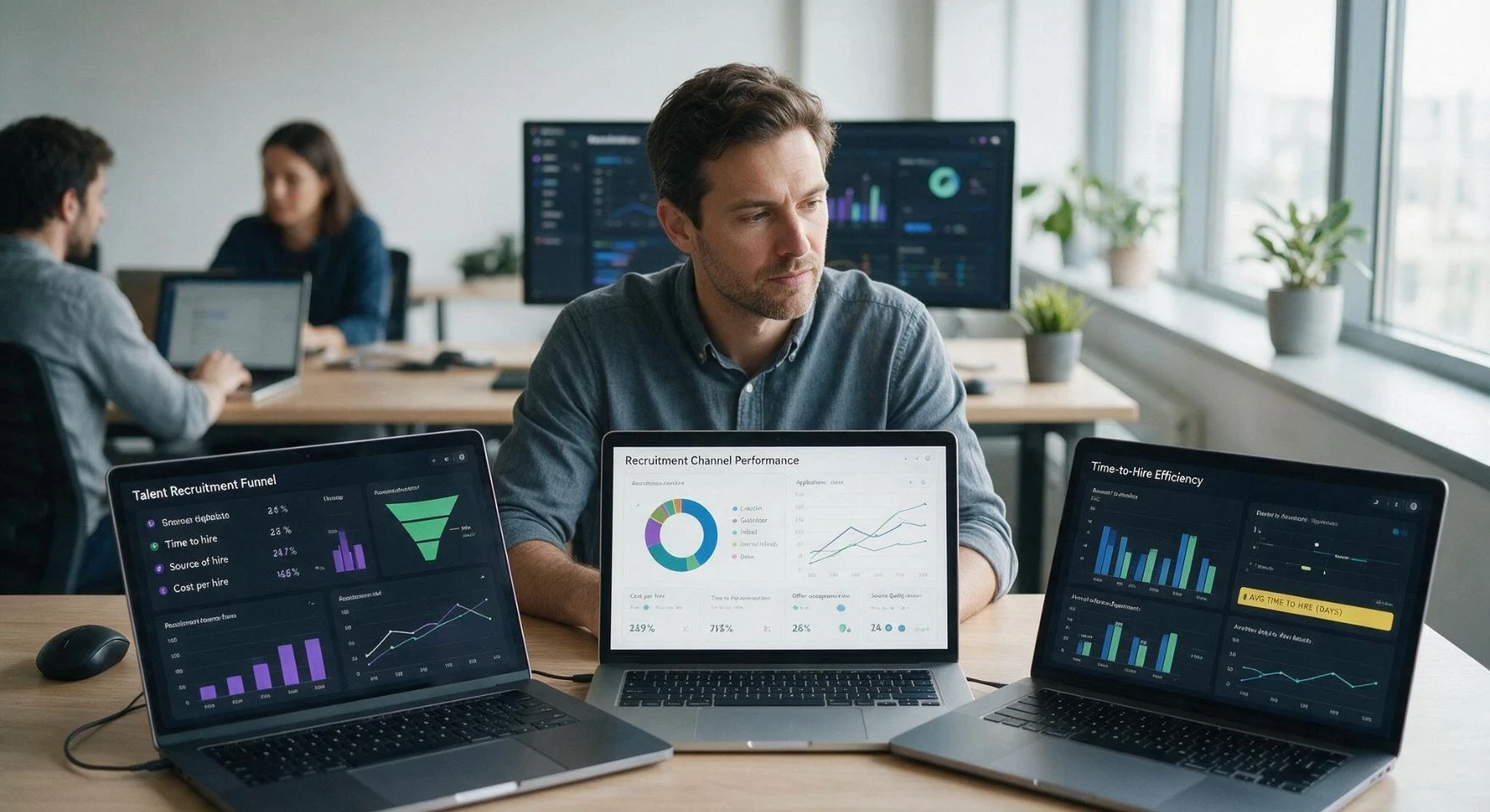 Hiring manager comparing three recruitment platform dashboards for IT services hiring decisions